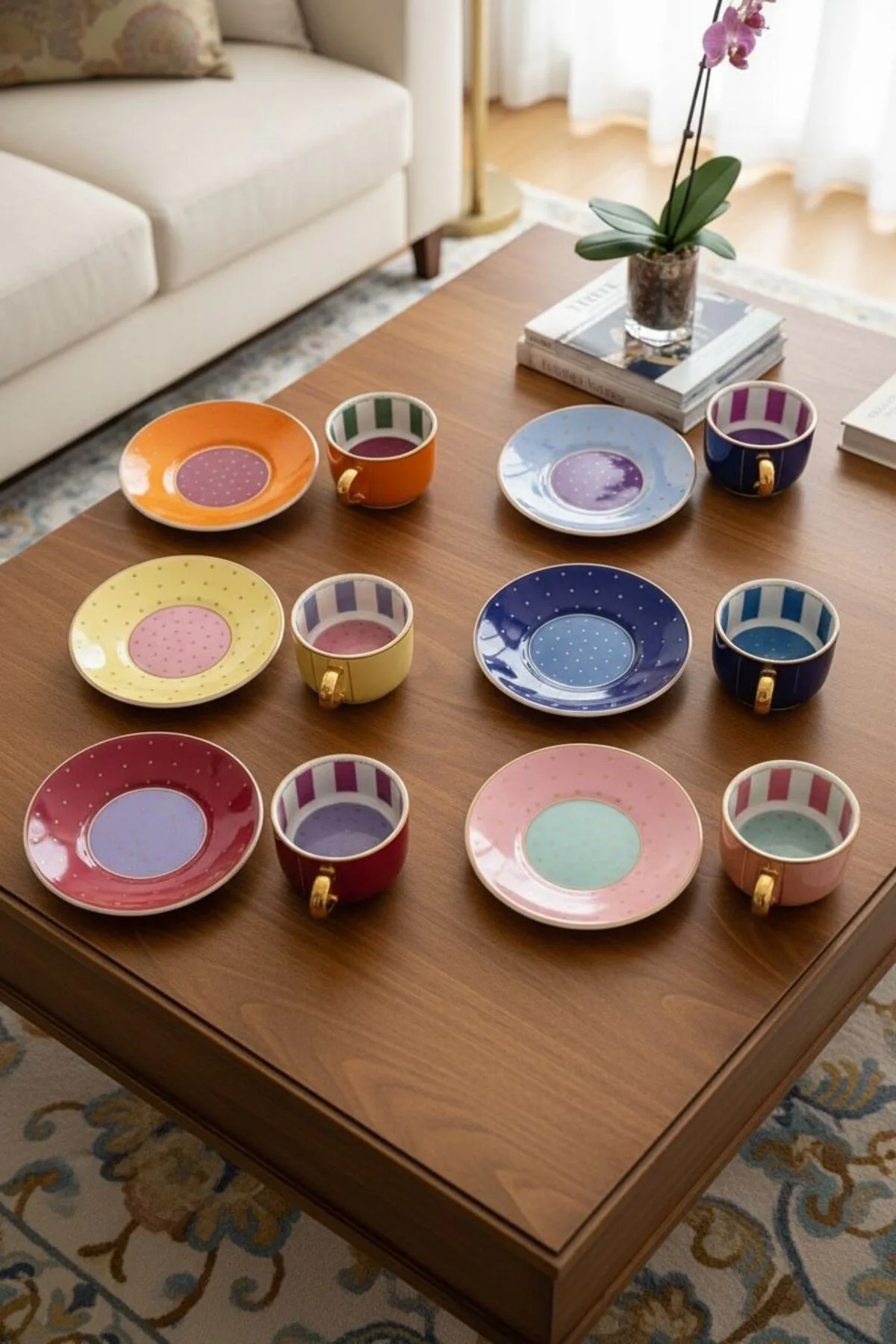 Kosova Puantiyeli 6 Kişilik Kahve Fincanı Takımı | Renkli ve Dekoratif Sunum Seti