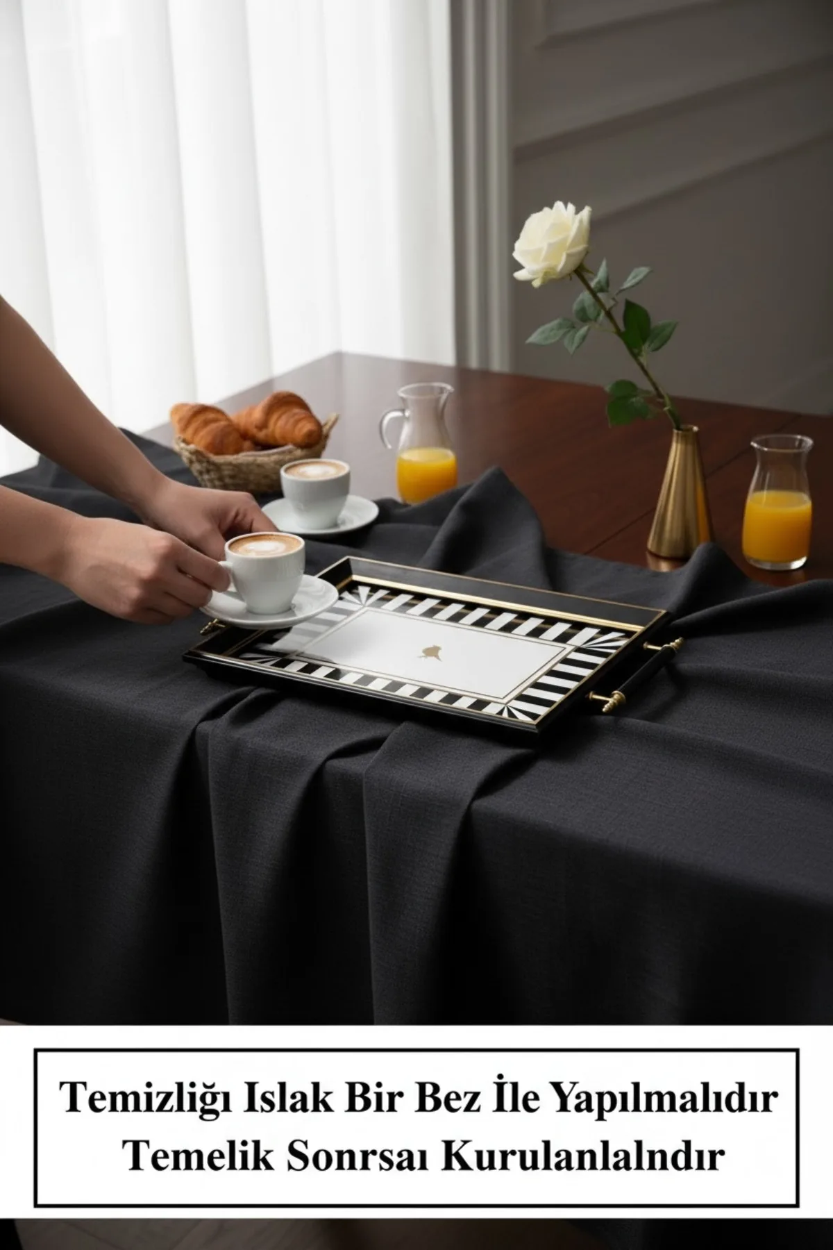 Kuşlu Kulplu Siyah Birdie Tepsi Sunum Seti – Lüks ve Dekoratif Servis Aksesuarı