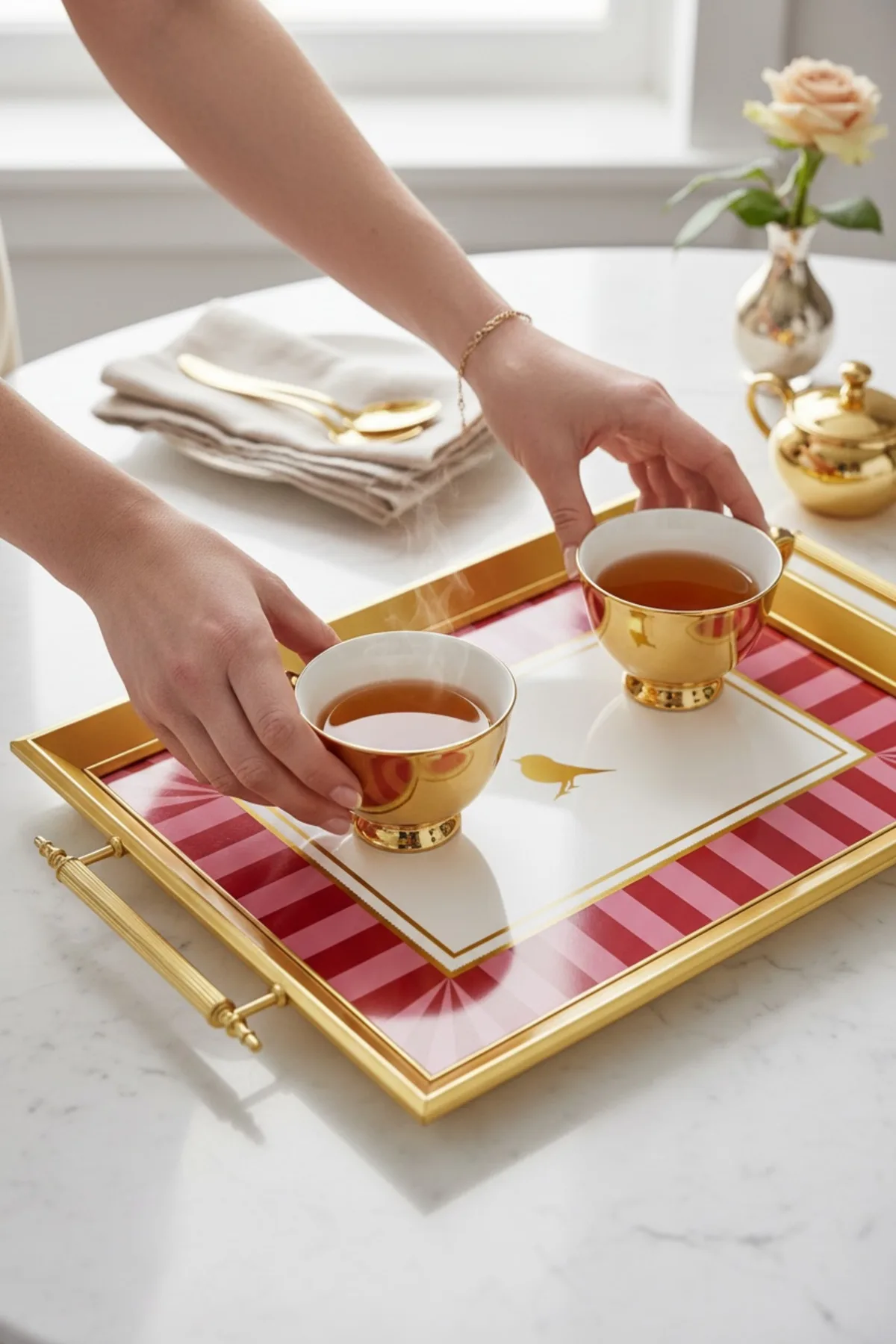 Kulplu Gold Tepsi Sunum Seti – Lüks ve Dekoratif Servis Aksesuarı