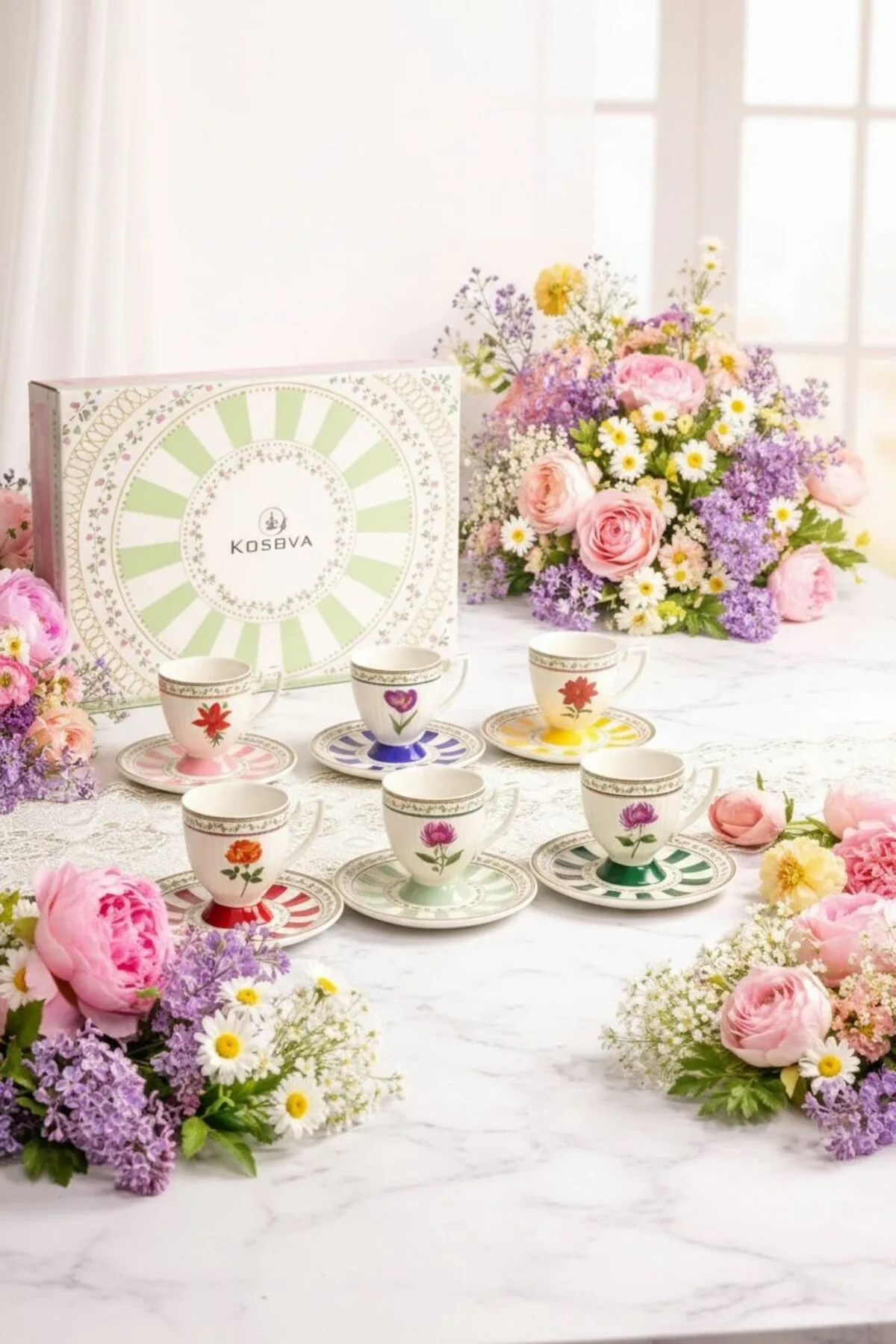 Kosova Çiçekli Renkli 6 Kişilik Kahve Fincanı Seti | Dekoratif ve Modern Sunum Seti