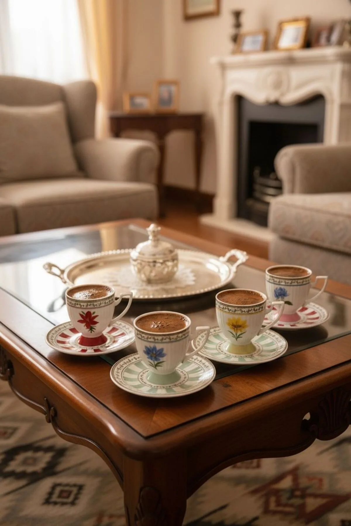 Kosova Çiçekli Renkli 6 Kişilik Kahve Fincanı Seti | Dekoratif ve Modern Sunum Seti