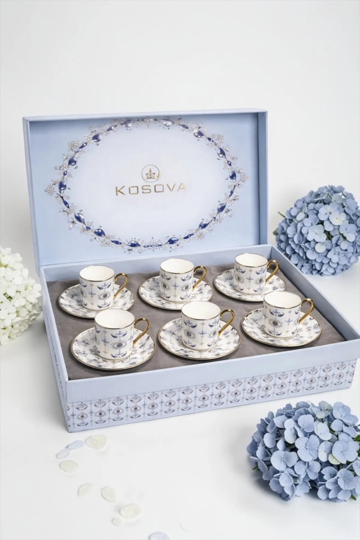 Kosova Göz Detaylı Mavi 6’lı Fincan Seti | Dekoratif Kahve Fincanı Takımı