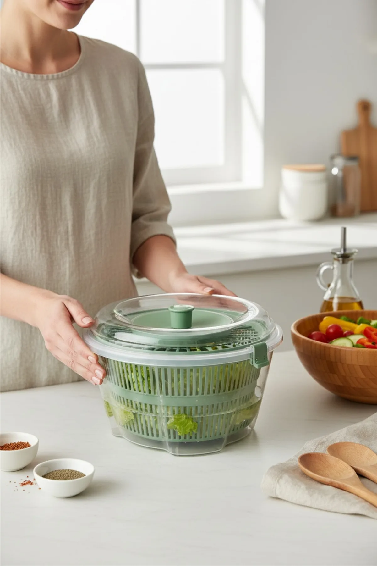 Vega Salata Kurutucu Yeşil – Bölmeli Taşınabilir Lunch Box, Sızdırmaz Kapaklı