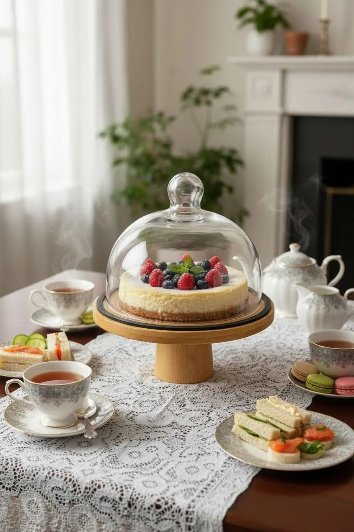 Egehome Cam Kapaklı Ayaklı Bambu Sunumluk | 20 cm Dekoratif Servis