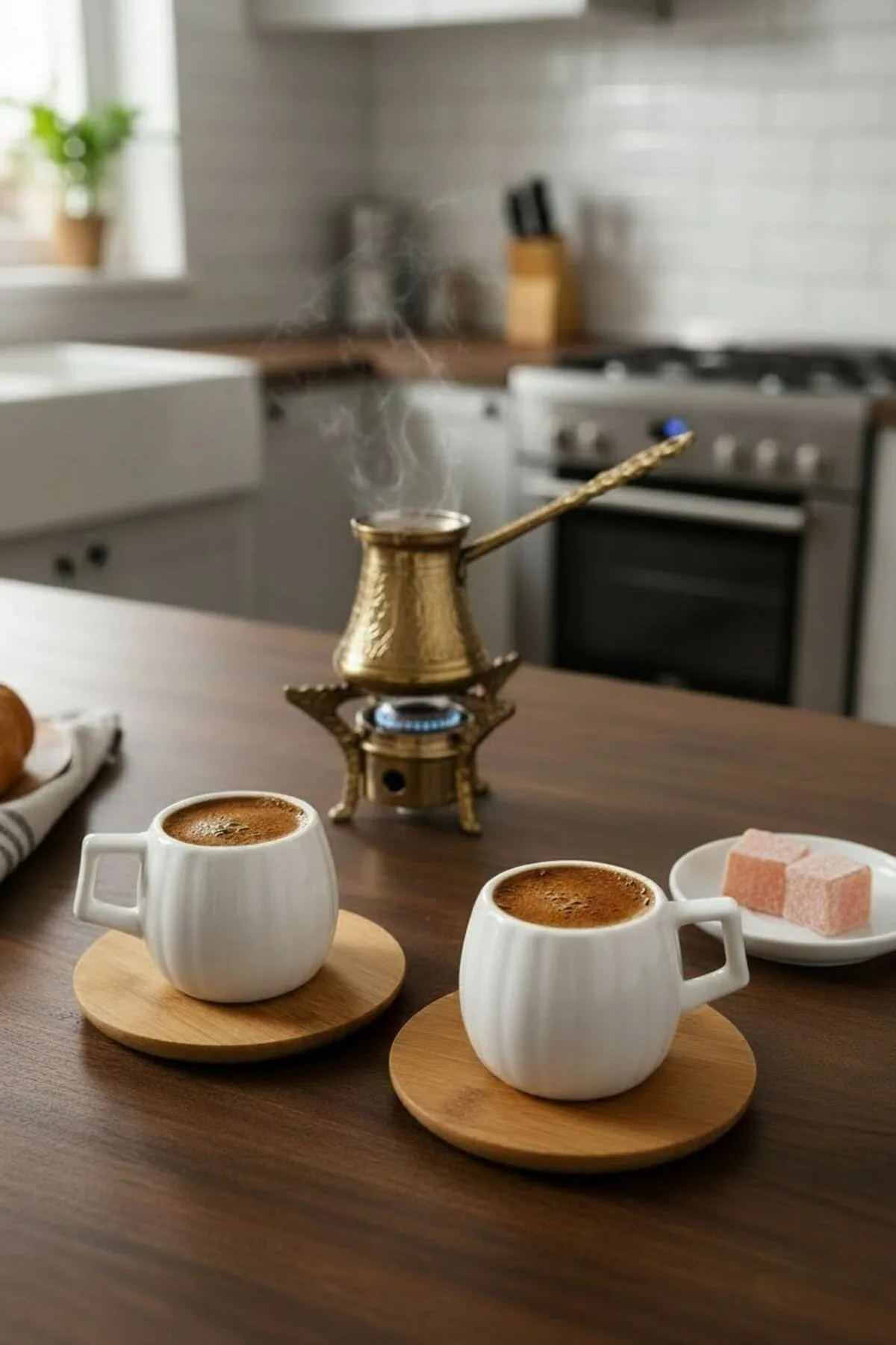 Diamond 2’li Porselen Kahve Fincanı | Bambu Tabaklı Fincan Seti