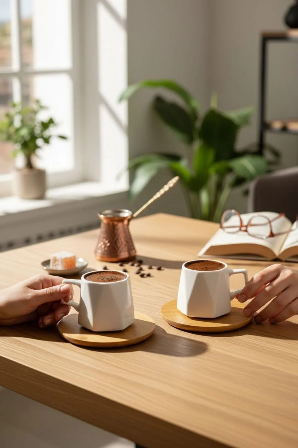 Diamond 2’li Porselen Kahve Fincanı | Bambu Tabaklı Fincan Seti