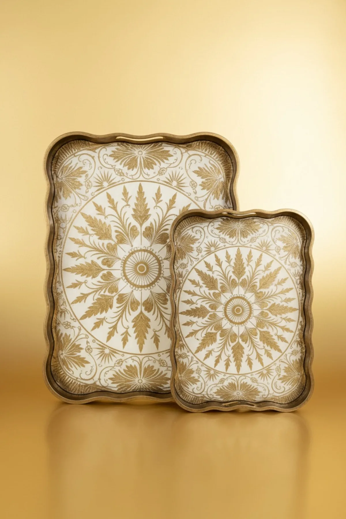 Lior Model Aynalı Eskitme 2'Li Tepsi Seti | Gold Detaylı Dekoratif Sunum Tepsisi