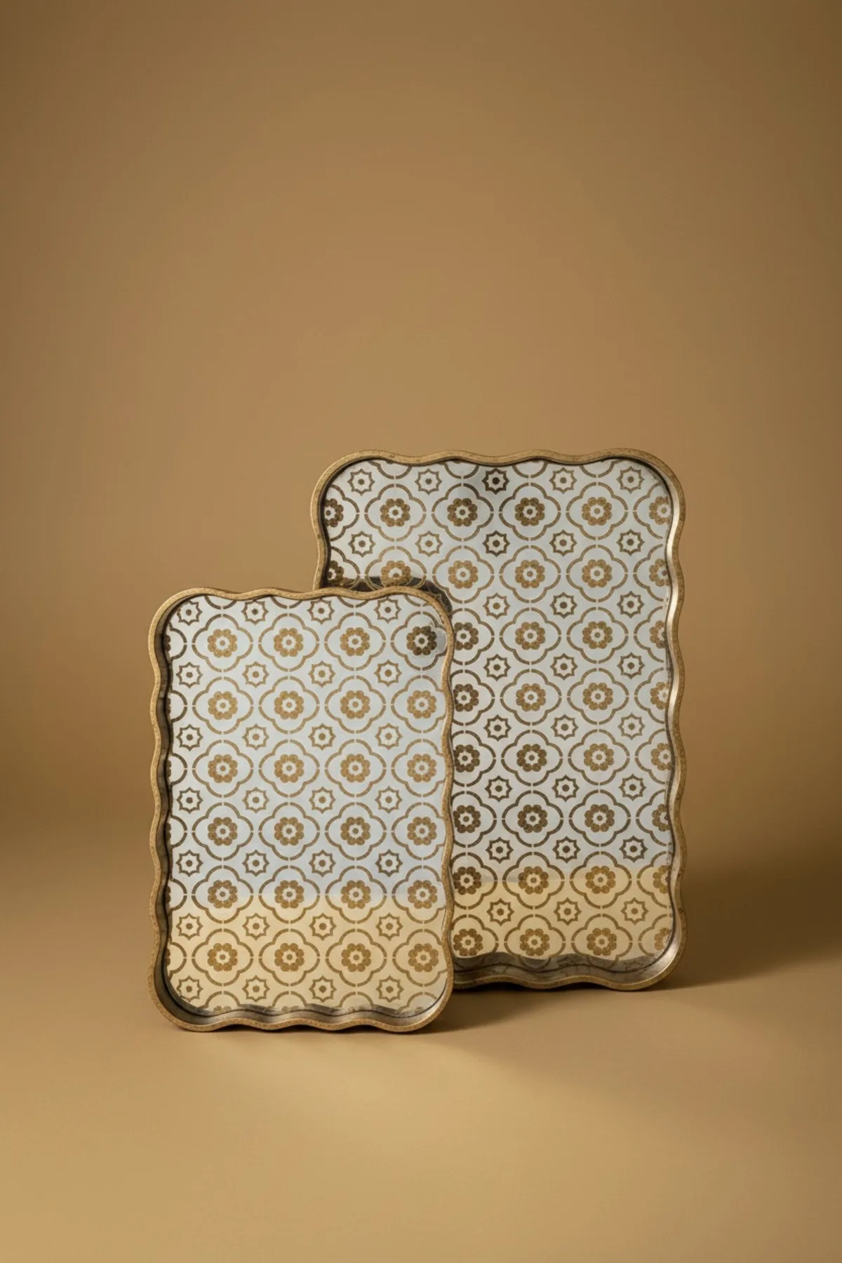 Lior Model Aynalı Eskitme 2'Li Tepsi Seti | Gold Detaylı Dekoratif Sunum Tepsisi