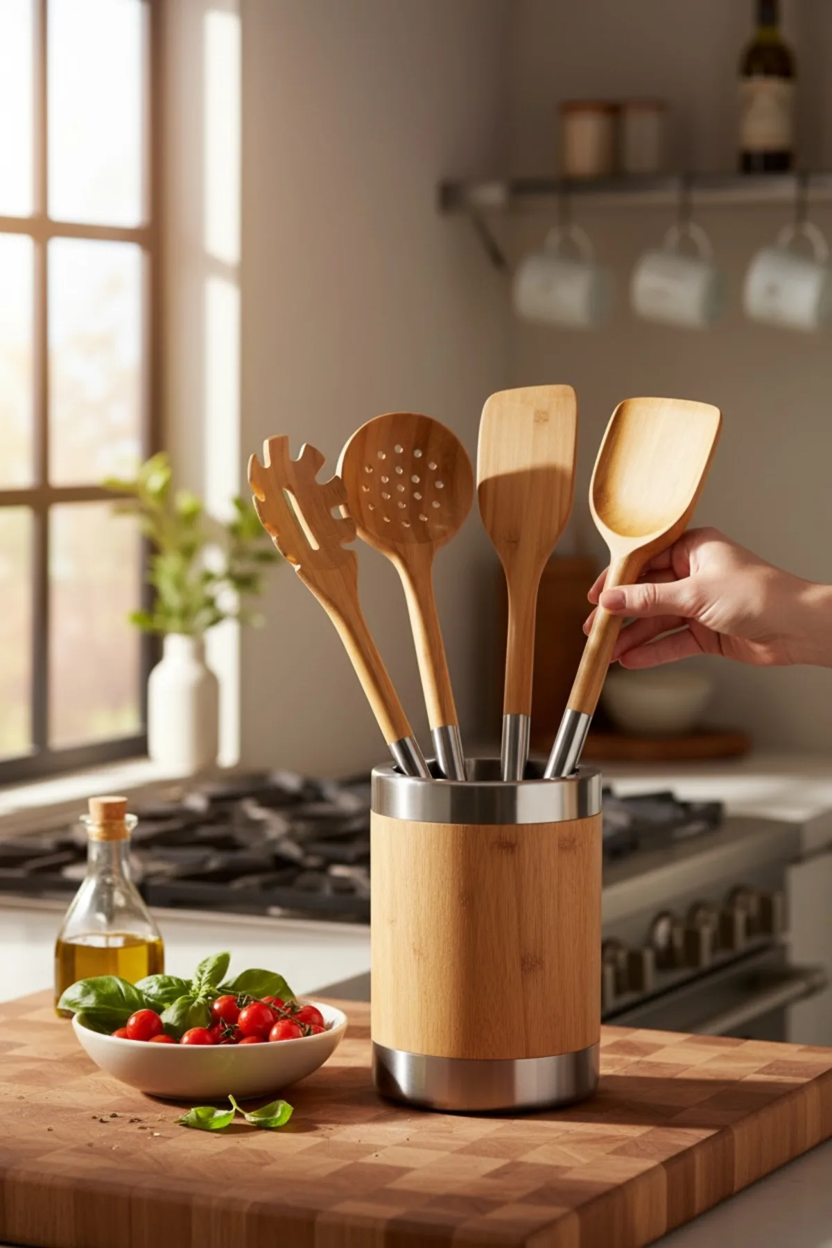 Metal Saplı Bambu 4’lü Mutfak Seti – Kevgir, Spatula, Yan Spatula ve Makarna Servis Kaşığı