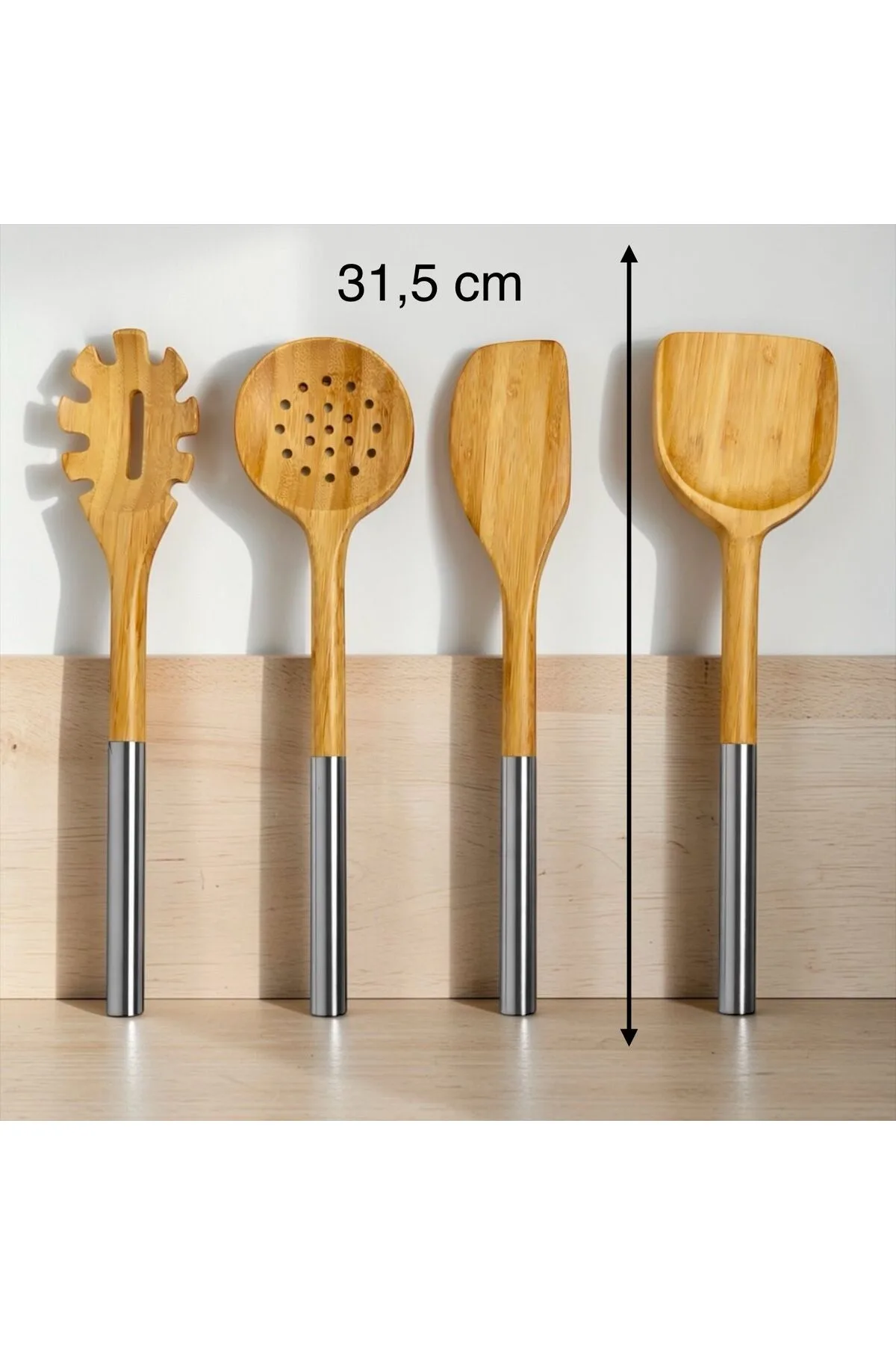 Metal Saplı Bambu 4’lü Mutfak Seti – Kevgir, Spatula, Yan Spatula ve Makarna Servis Kaşığı