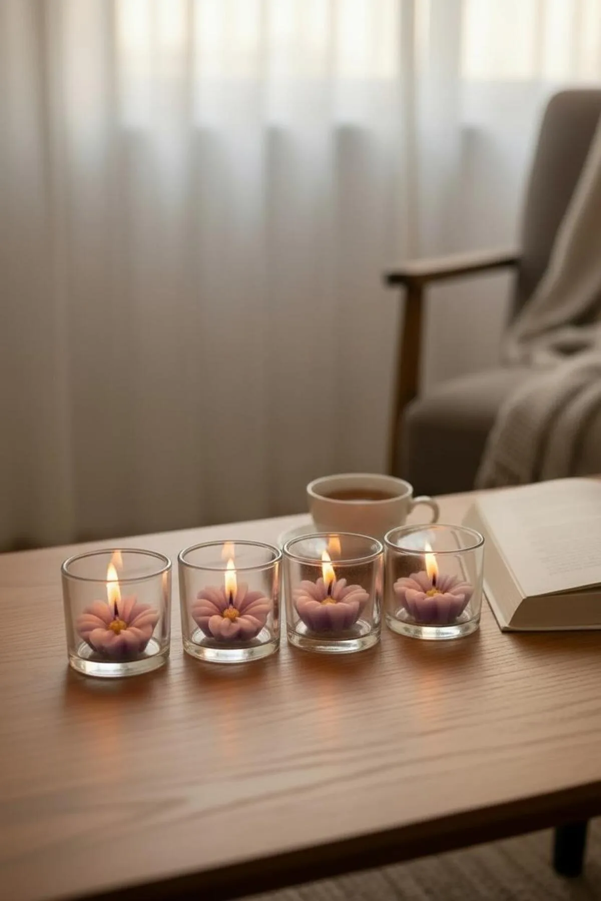 4’lü Şeftali Rengi Çiçek Mum Seti | Dekoratif Kokteyl ve Masa Süsleme Mumu