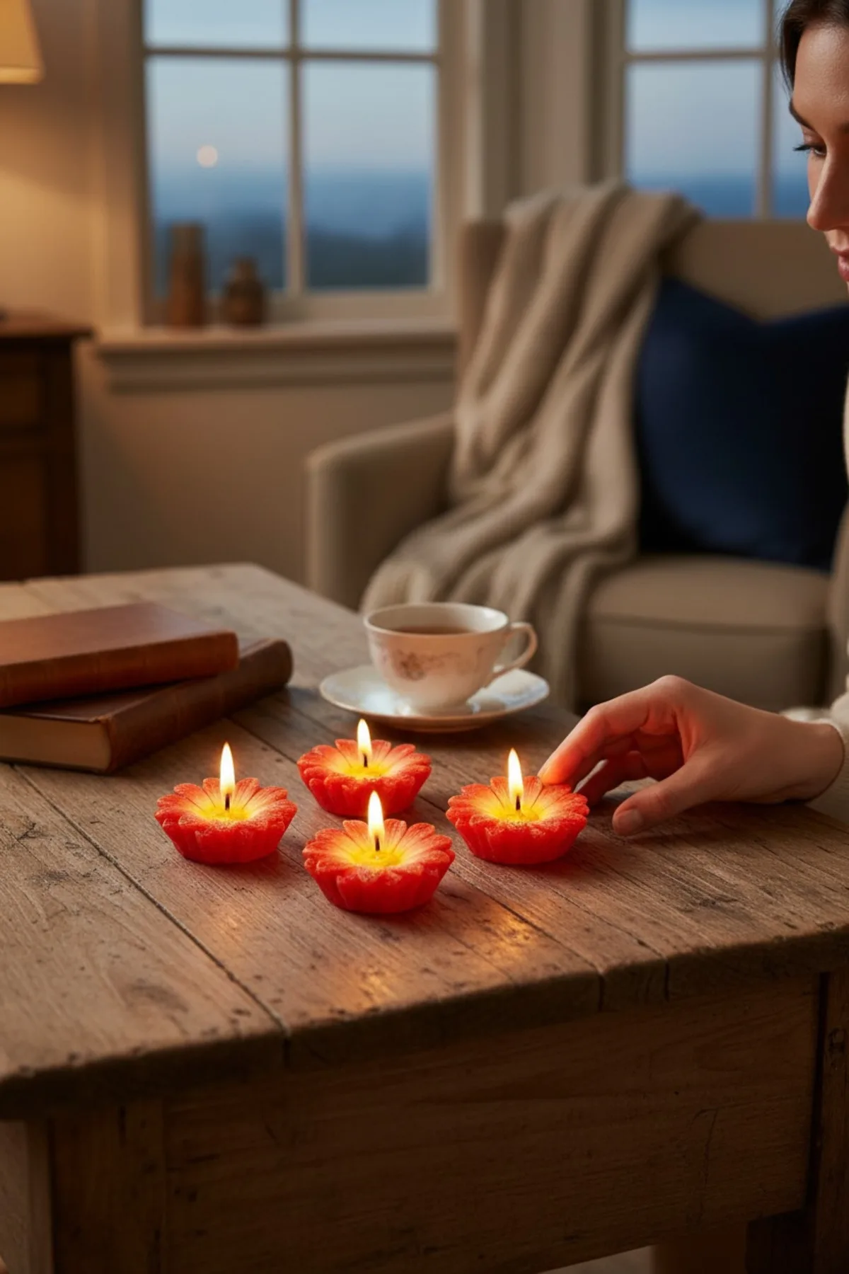 4’lü Papatya Desenli Mum Seti – Dekoratif ve Şık Tasarımlı Mumlar Kırmızı