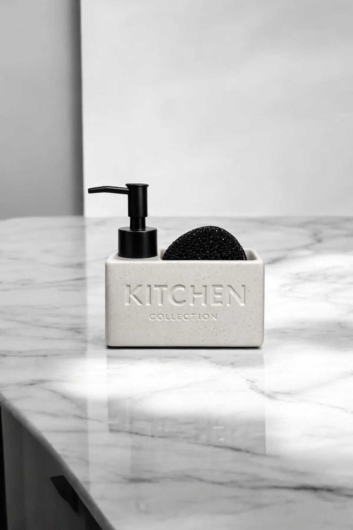 Kitchen Yazılı Antrasit Süngerlikli Sıvı Sabunluk | Mutfak Sabunluk ve Süngerlik Tezgah Düzenleyici