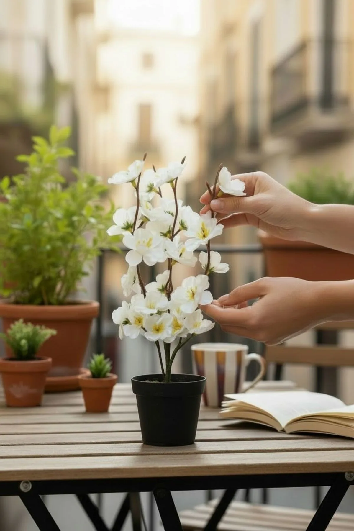 Siyah Saksılı Sarı Bahar Dalı | Dekoratif Yapay Çiçek Masa ve Salon Süsü