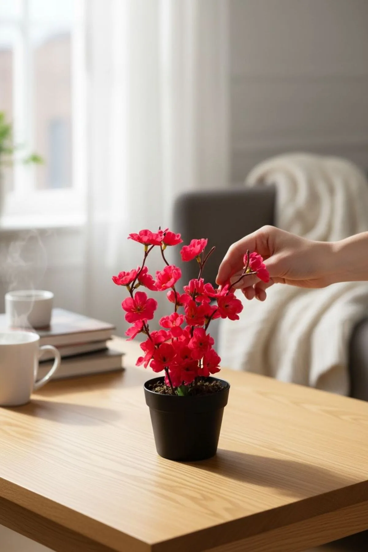 Siyah Saksılı Sarı Bahar Dalı | Dekoratif Yapay Çiçek Masa ve Salon Süsü