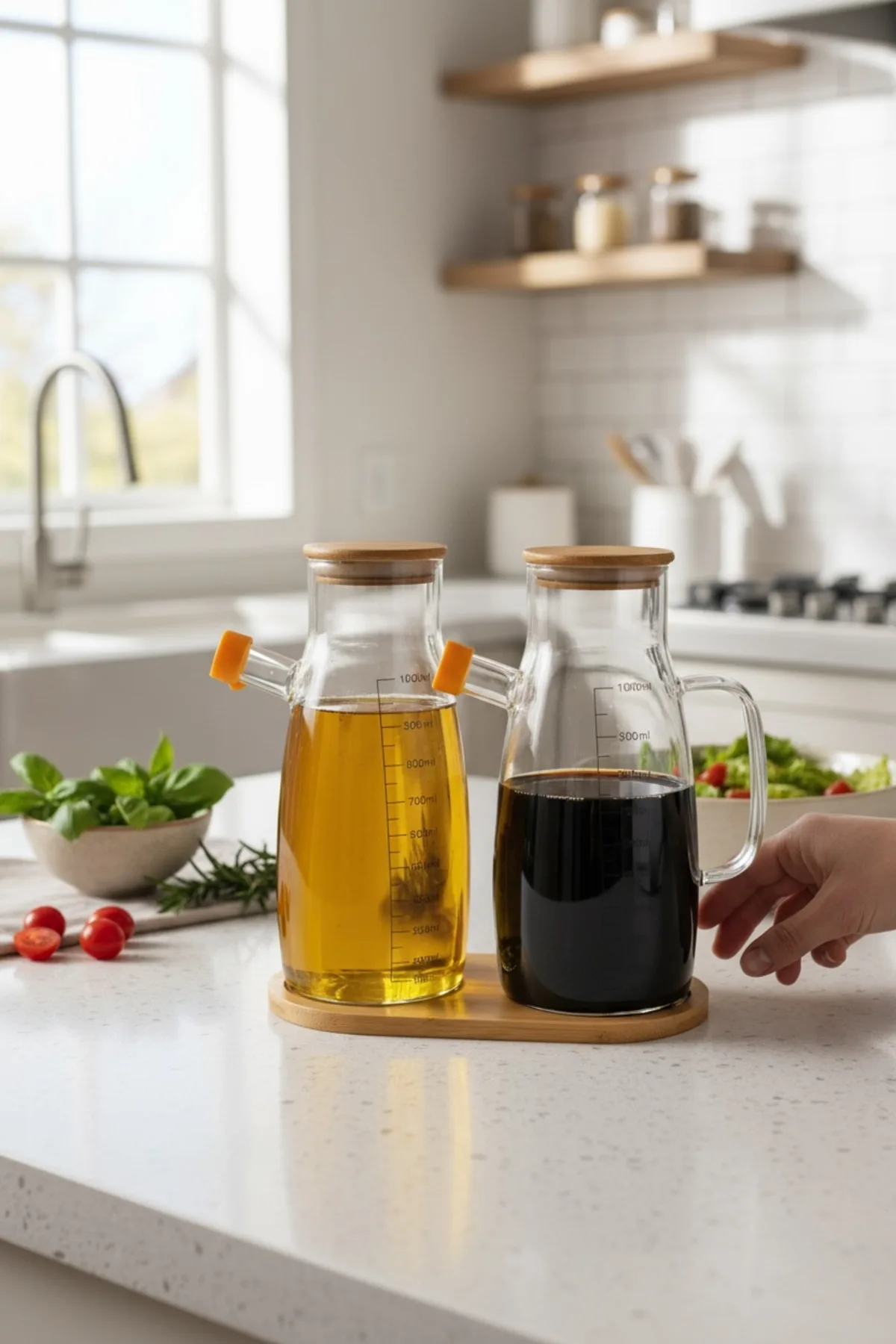 2’li 1000ml Borosilikat Cam Yağdanlık Set Sızdırmaz Kapak Zeytinyağı ve Sirke Şişesi