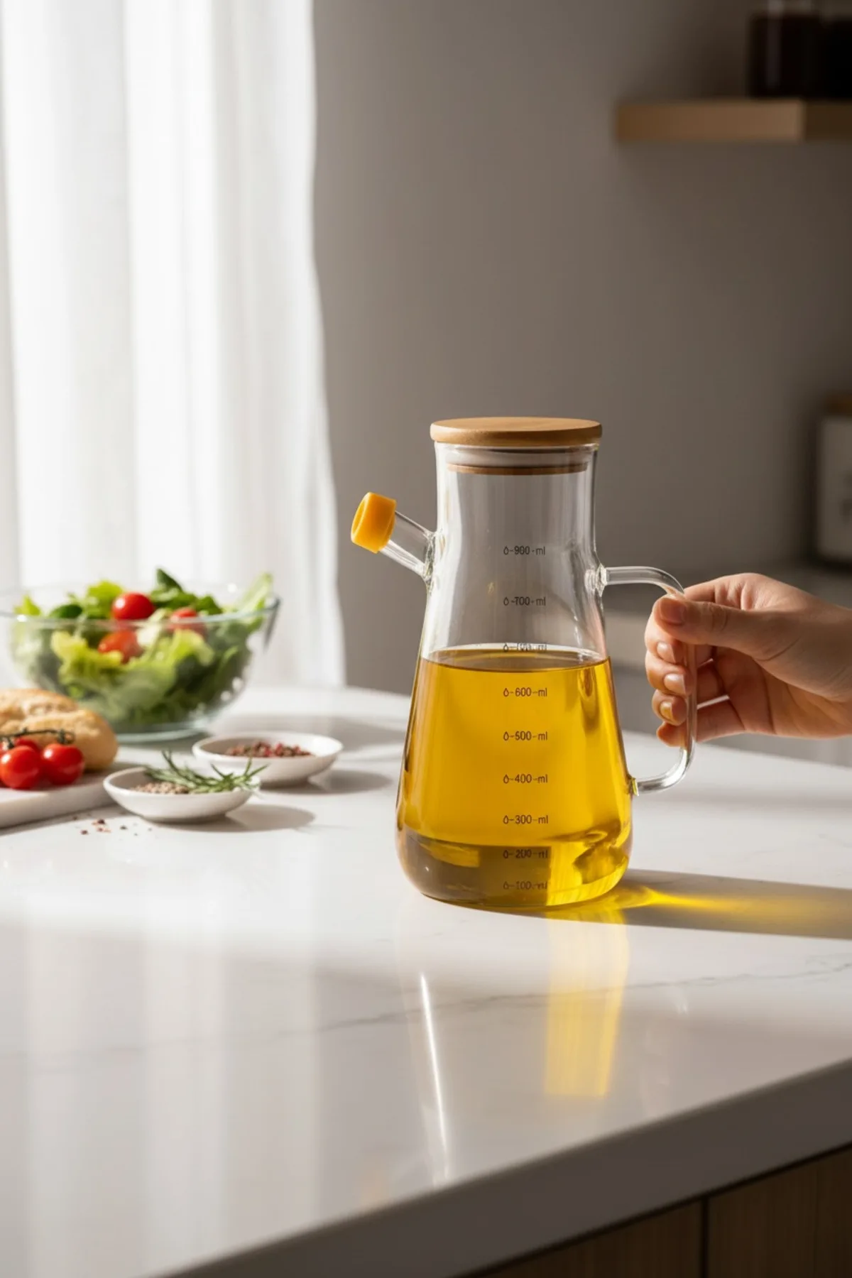 900 ml Borosilikat Cam Yağdanlık – Sızdırmaz Kapaklı Zeytinyağı Şişesi,