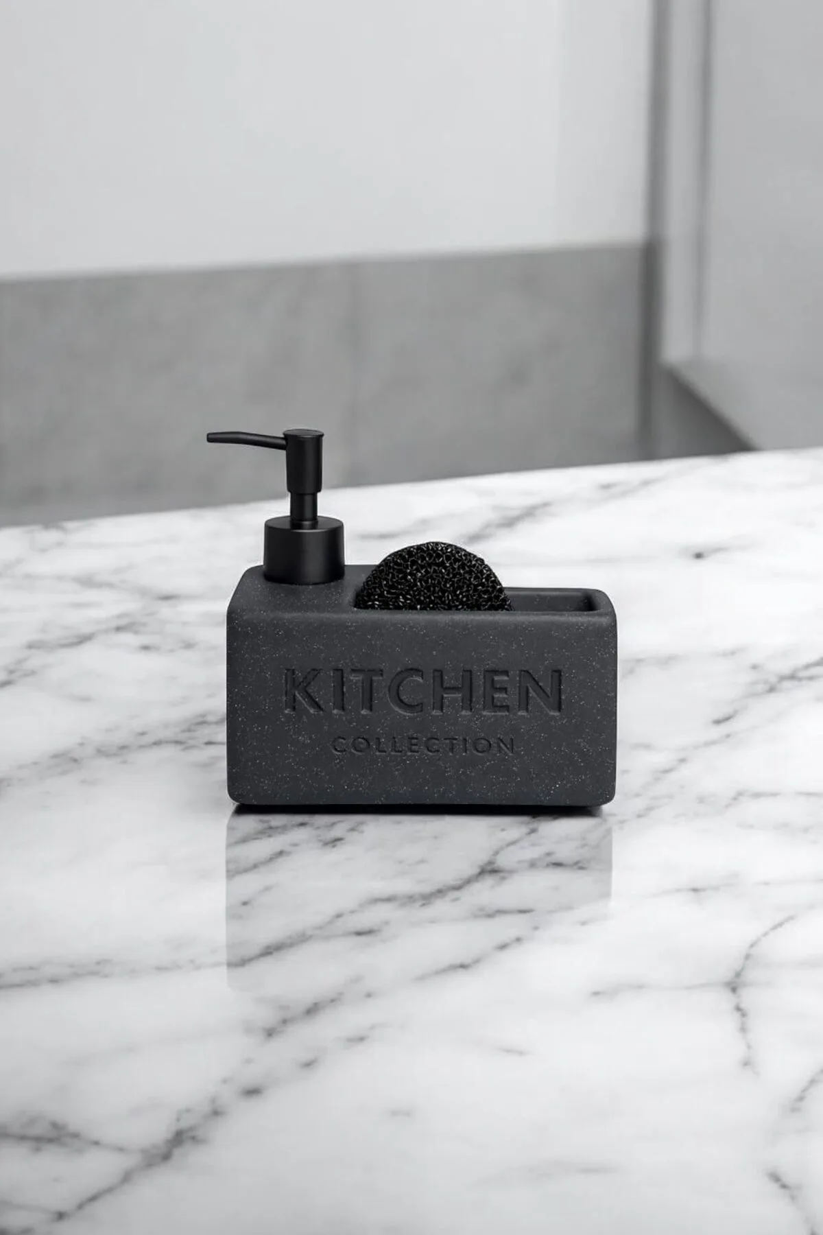 Kitchen Yazılı Antrasit Süngerlikli Sıvı Sabunluk | Mutfak Sabunluk ve Süngerlik Tezgah Düzenleyici