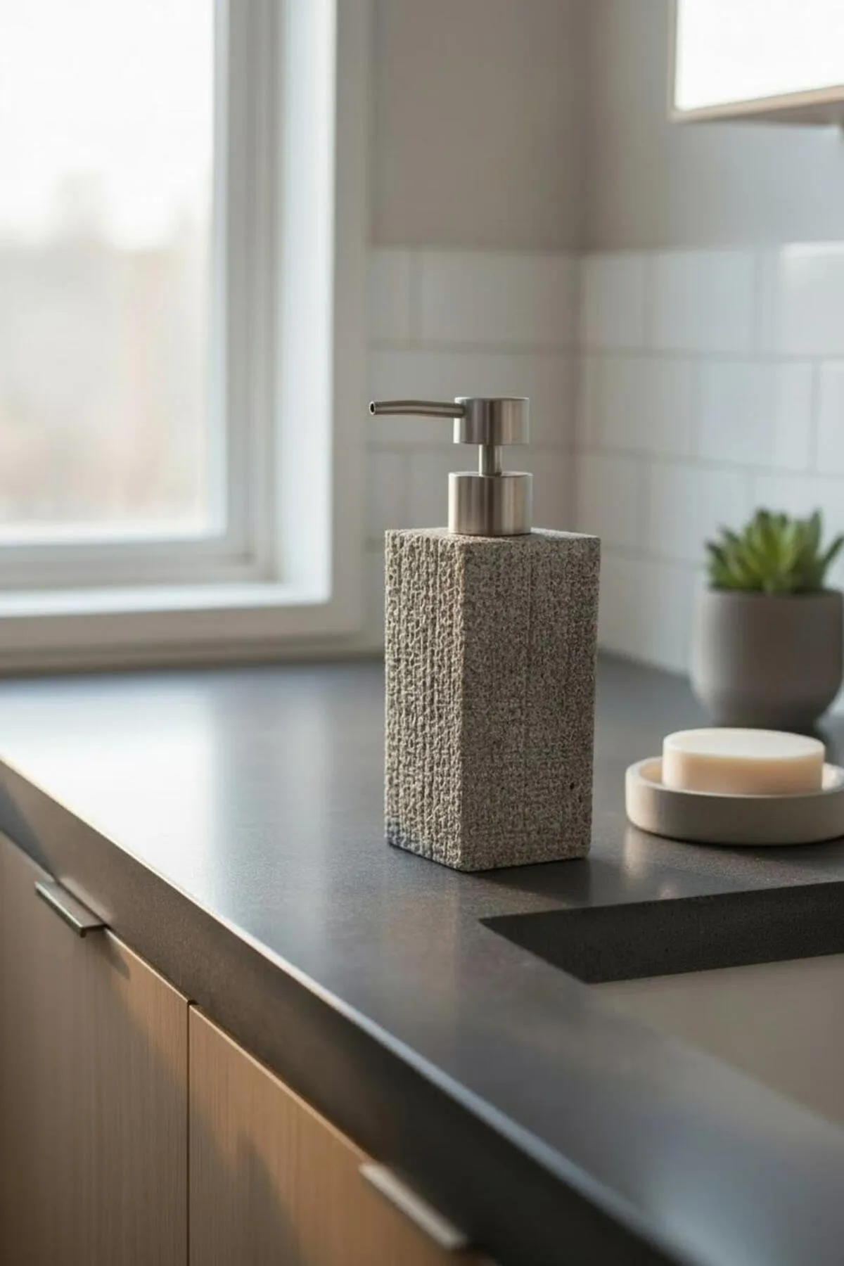 Taş Görünümlü 430 ml Sıvı Sabunluk – Modern Tasarım Şık Banyo Sabunluğu