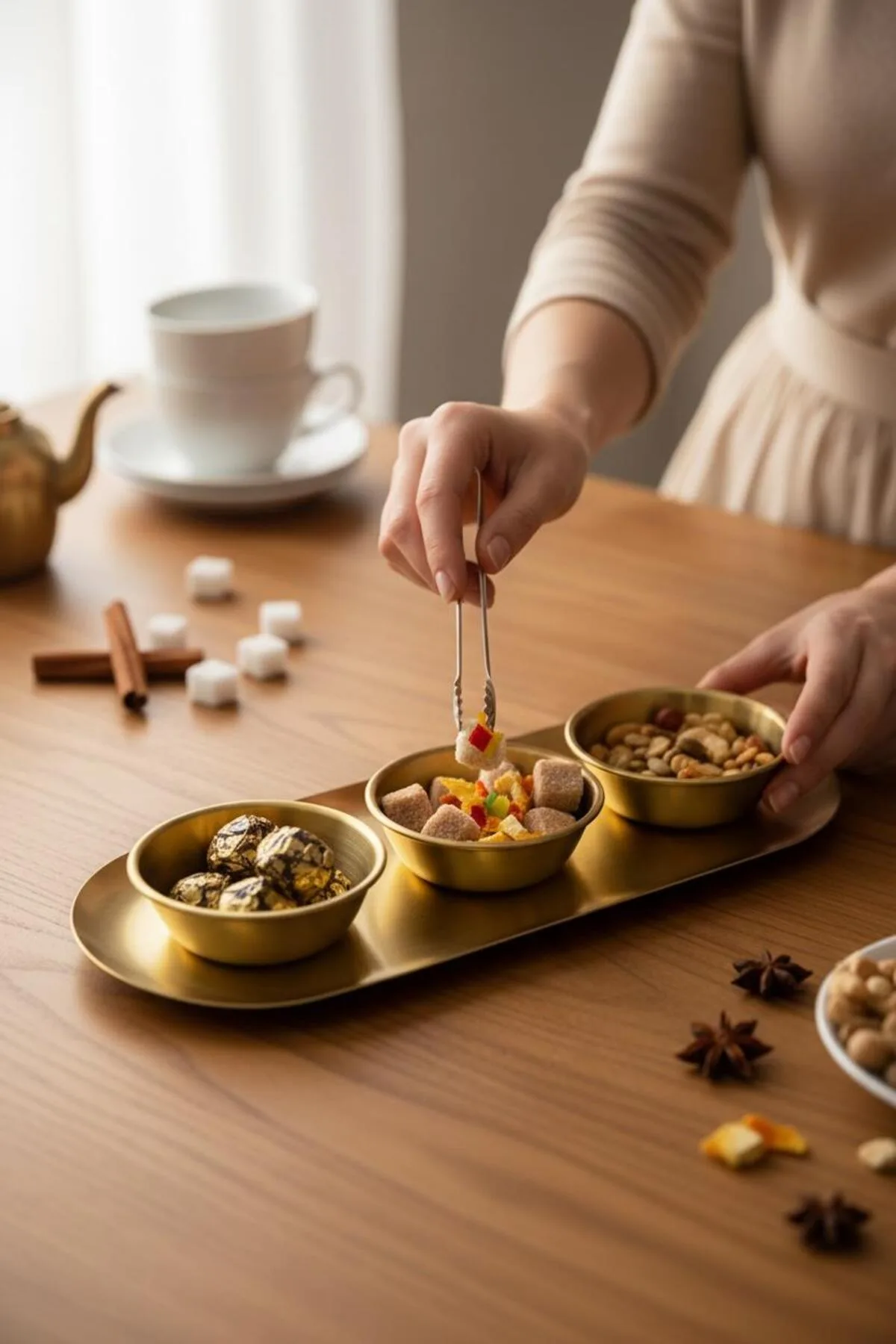 1 Tepsi 3’lü Mini Lokumluk Seti – Gold / Şık Dekoratif Sunumluk