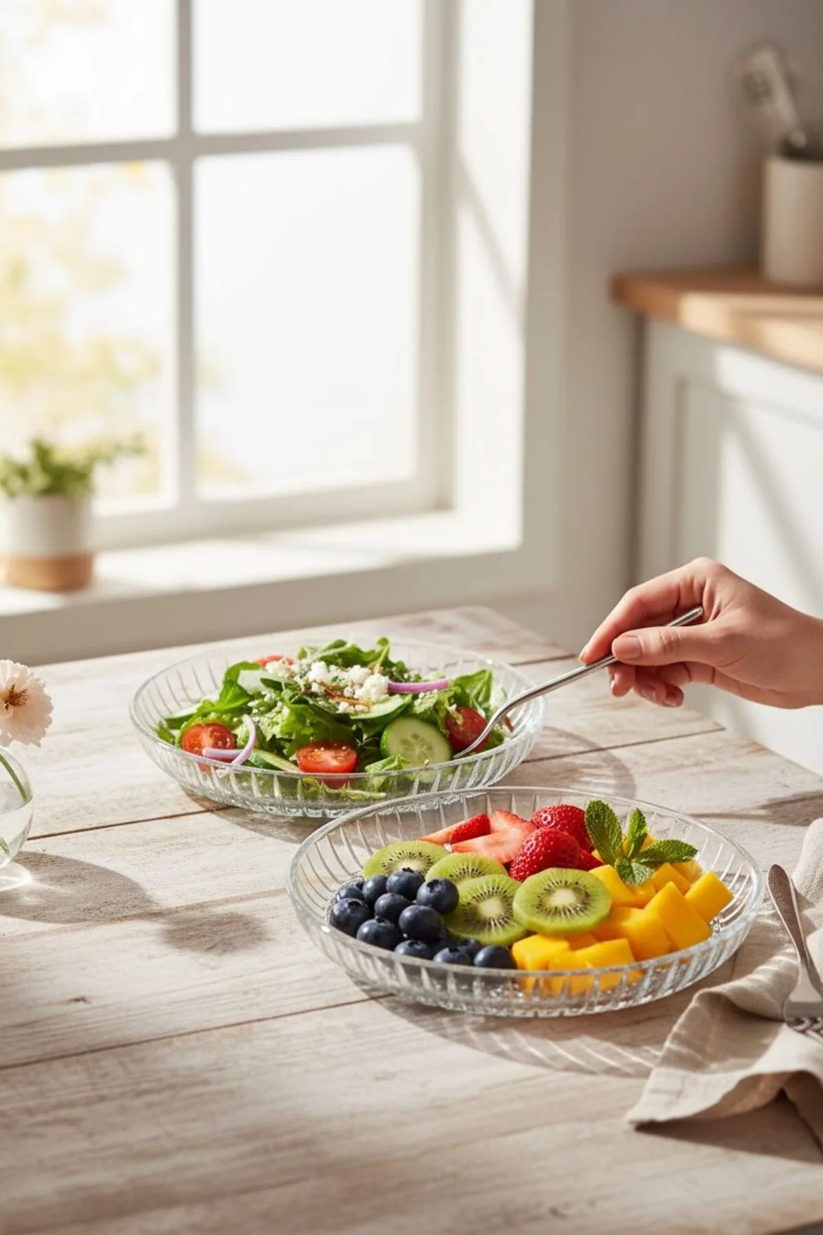 2’li Geniş Cam Salata Kasesi – Büyük Boy Servis ve Meyve Kasesi Seti