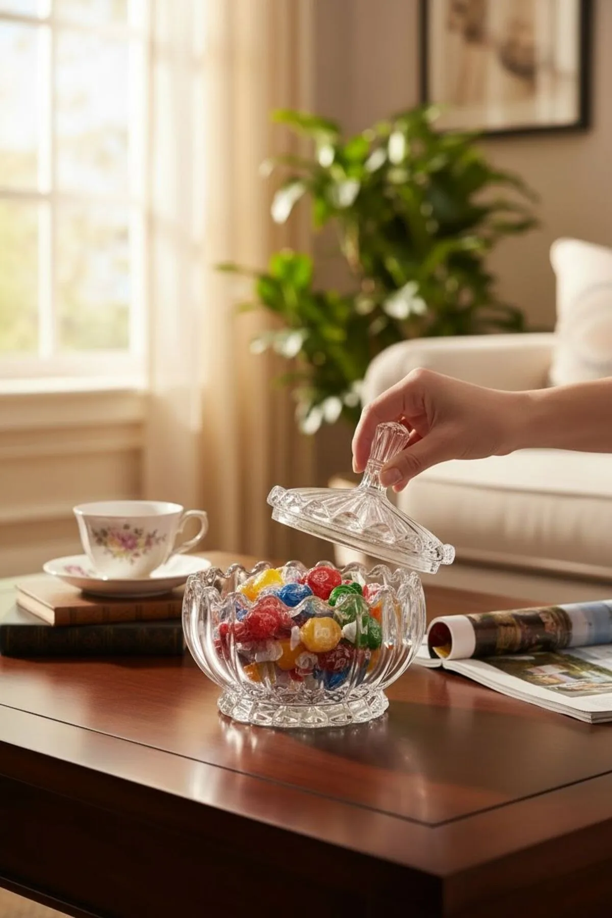 Kapaklı Kristal Tasarım Şekerlik – 110 mm | Dekoratif Lokumluk & Çikolatalık