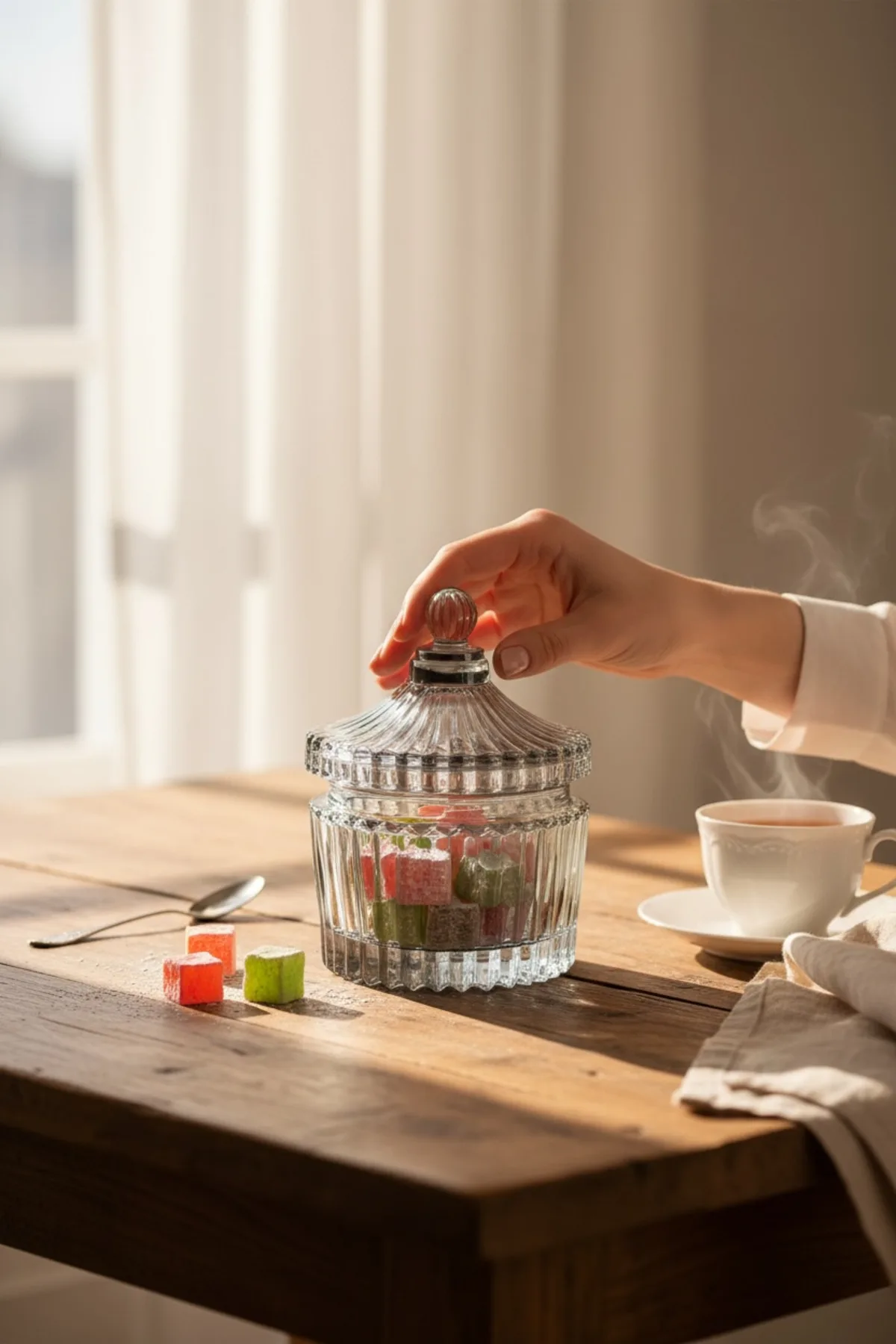 90 ML Line Çizgili Cam Lokumluk – Dekoratif Şekerlik & Çerezlik Sunumluk