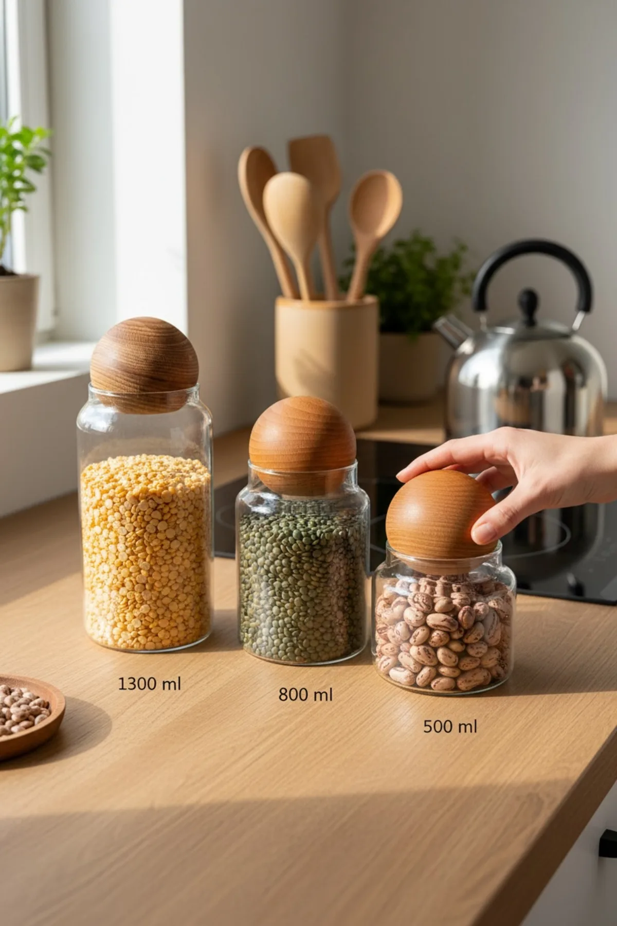 3’lü Top Kapaklı Cam Kavanoz Seti – Baharat, Kuruyemiş ve Gıda Saklama Kavanozu
