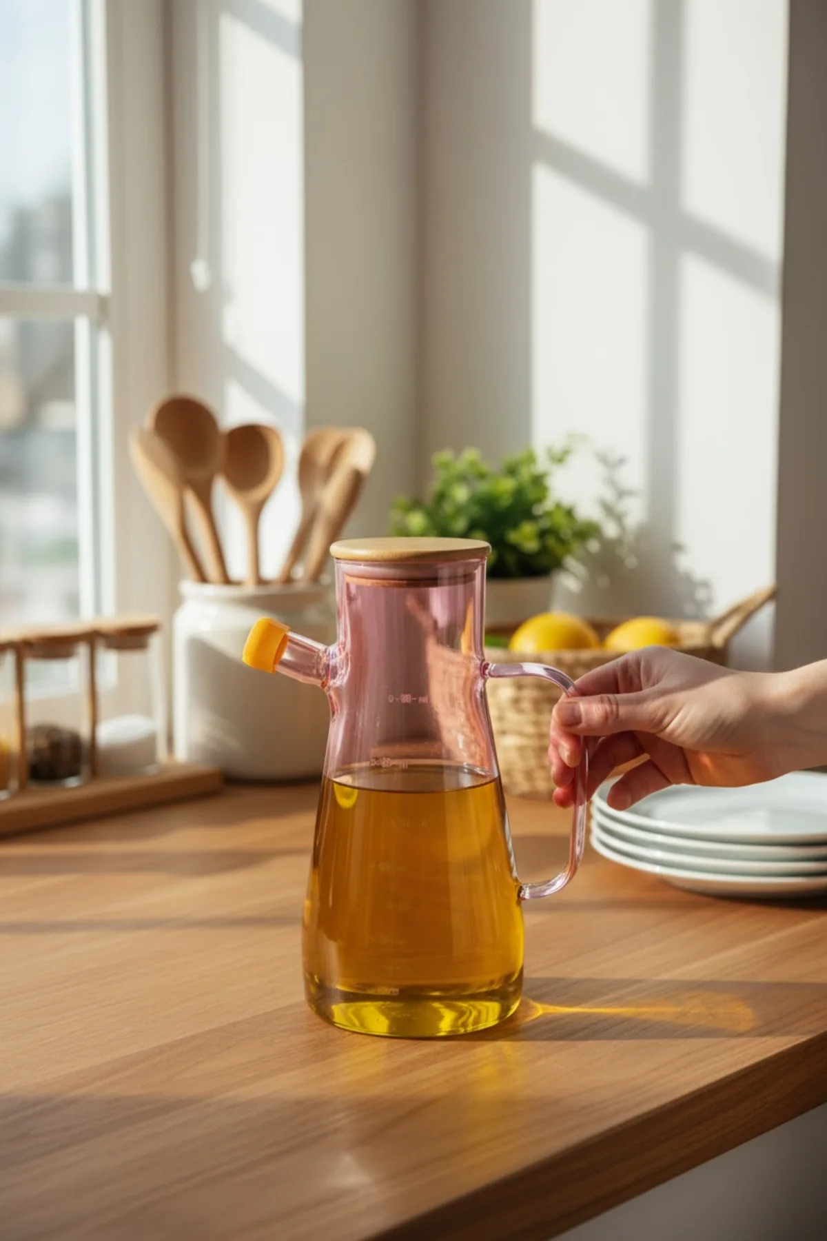 Renkli 900 ml Yağdanlık – Cam Yağ Şişesi, Sızdırmaz Kapaklı Bambu Kapaklı