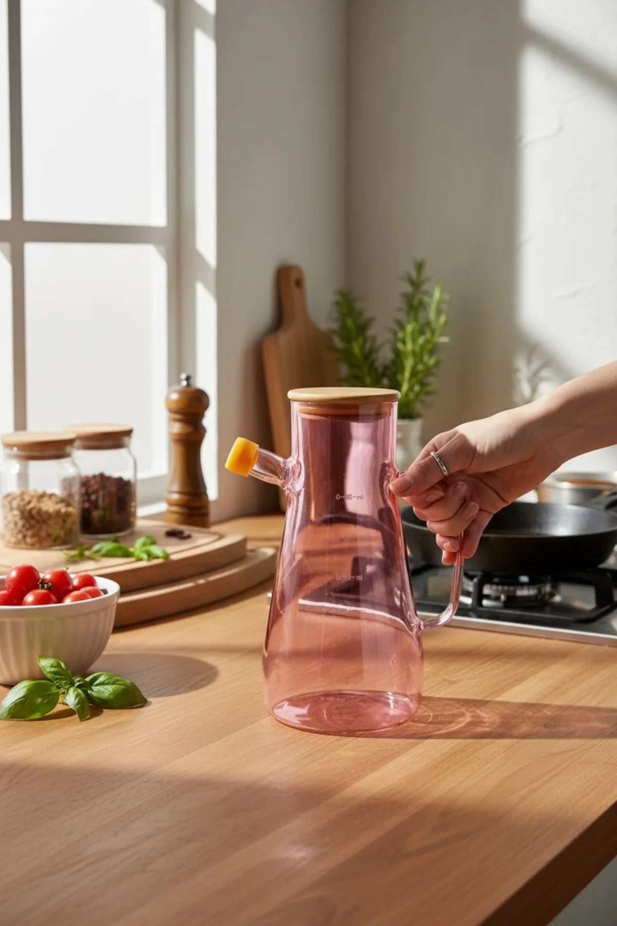 Renkli 900 ml Yağdanlık – Cam Yağ Şişesi, Sızdırmaz Kapaklı Bambu Kapaklı
