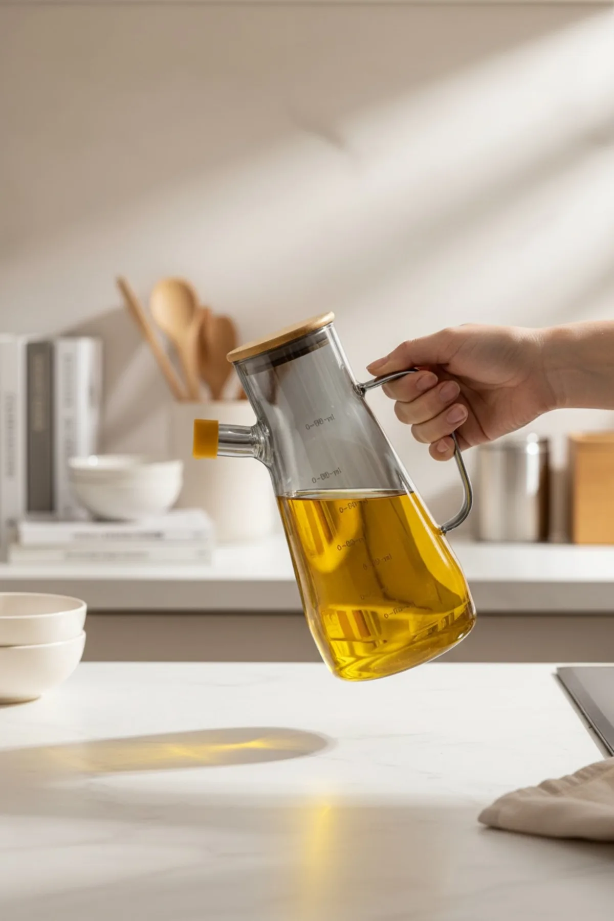 Renkli 900 ml Yağdanlık – Cam Yağ Şişesi, Sızdırmaz Kapaklı Bambu Kapaklı