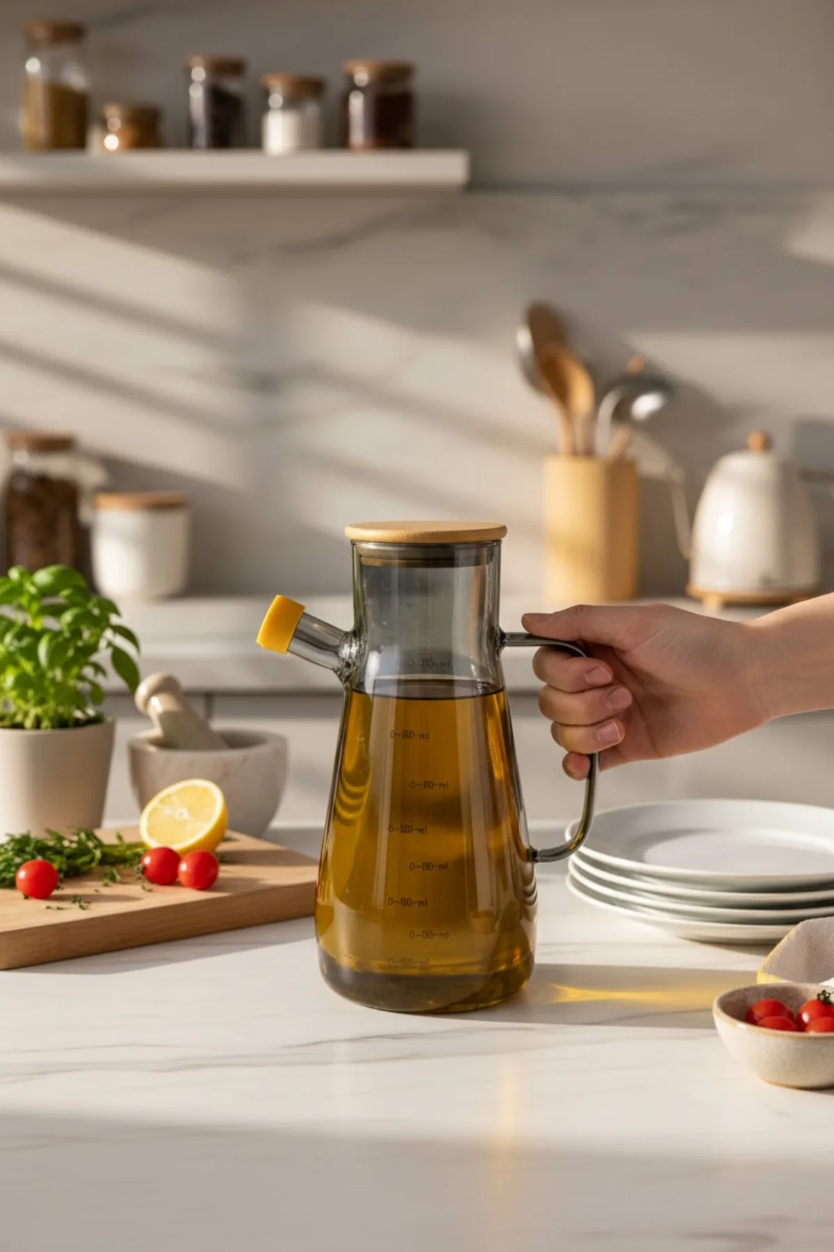 Renkli 900 ml Yağdanlık – Cam Yağ Şişesi, Sızdırmaz Kapaklı Bambu Kapaklı