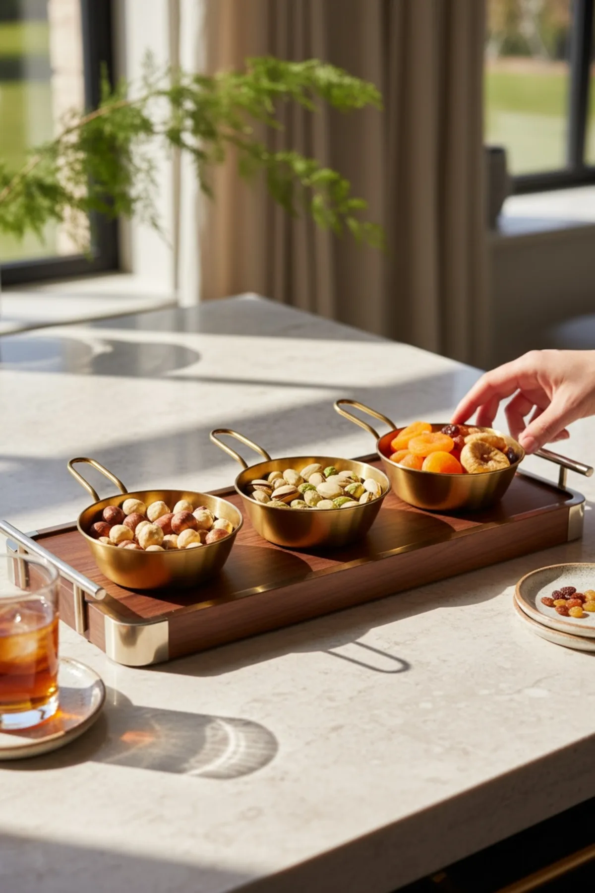 3 Adet 10,5 cm Genişliğinde Kulplu Gold Sunumluk Küçük Tava