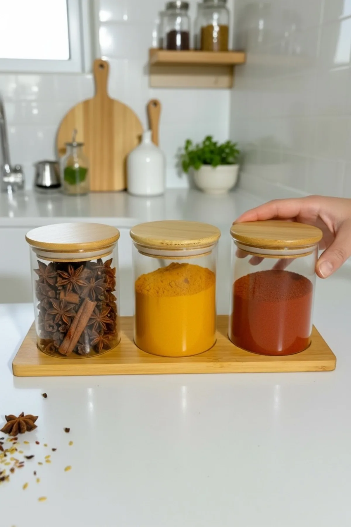 Bambu Kapaklı 3'lü Stantlı Baharatlık Bamboo 3'lü Stantlı Cam Kavanoz