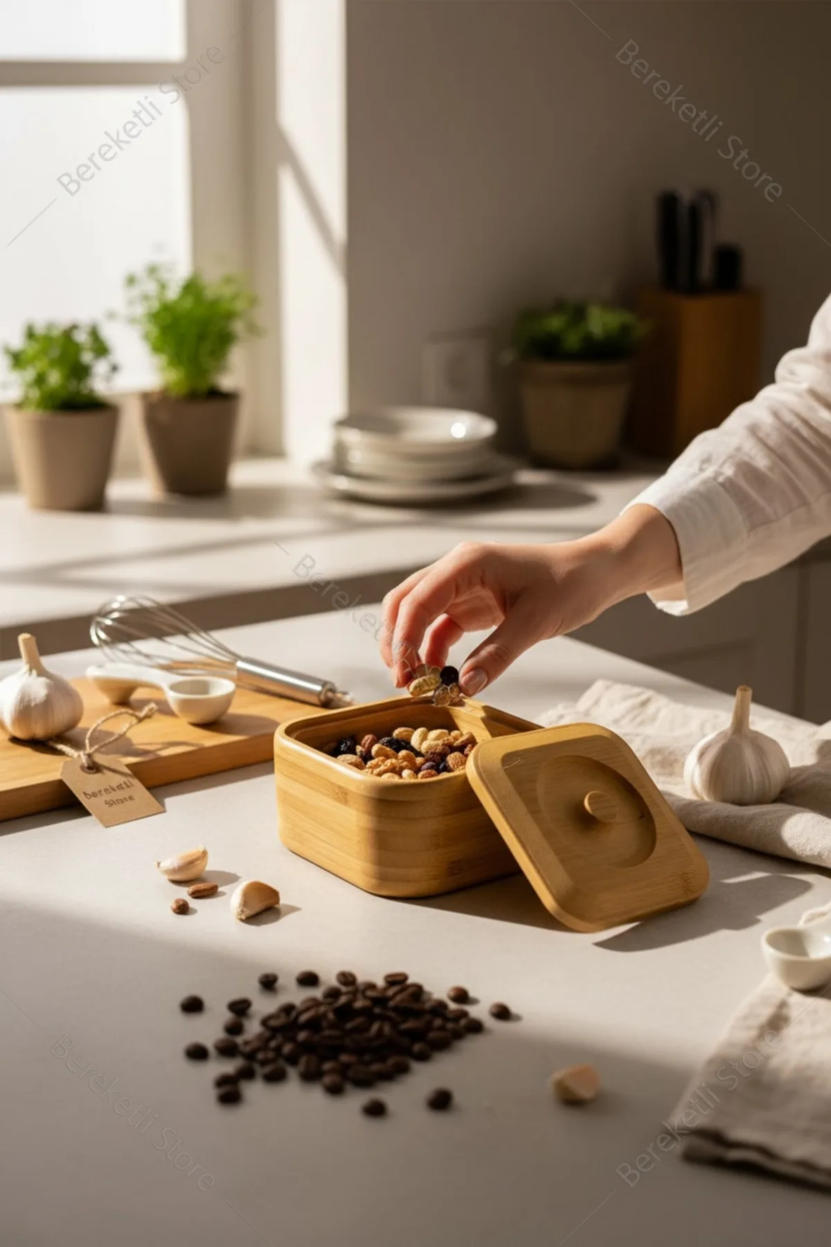 Kapaklı Kare Bambu Tuzluk ve Baharat Saklama Kabı 10 X 10
