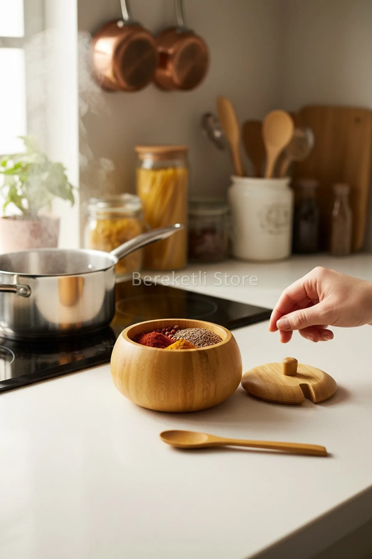 Kaşıklı Bambu Baharat Kabı – Doğal ve Sade Mutfak Tasarımı Şık Tasarım Doğal Baharat Kabı