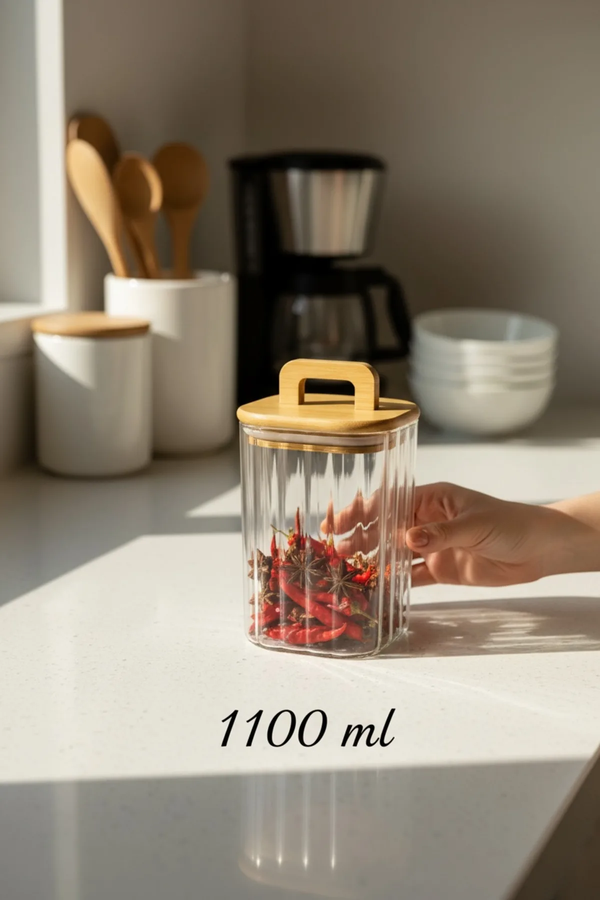 Bambu Kapaklı 1100 ml Line (Çizgili) Cam Saklama Kavanozu