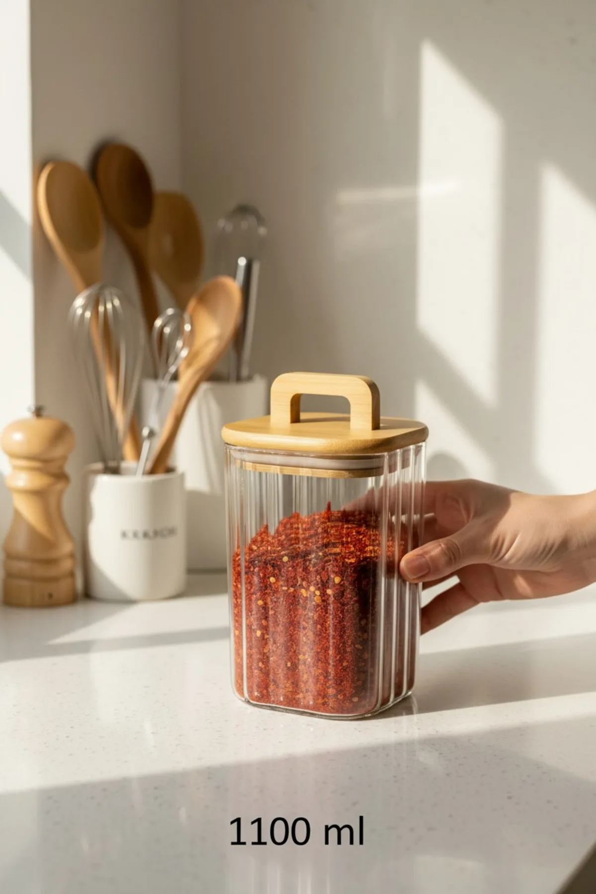 Bambu Kapaklı 1100 ml Line (Çizgili) Cam Saklama Kavanozu