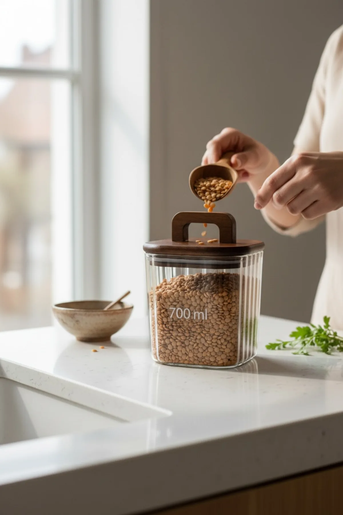 Akasya Kapaklı Kare Line Cam Kavanoz 700 ml – Cam Saklama Kabı