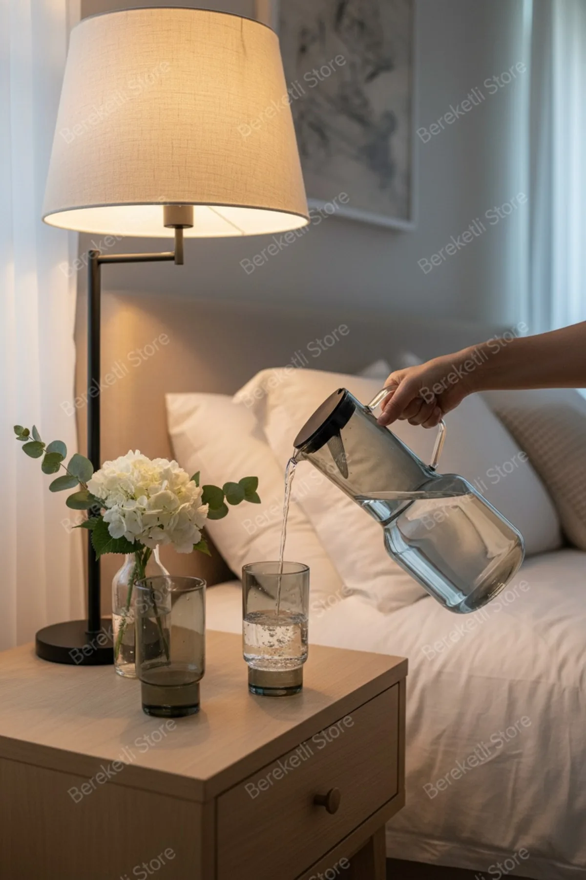 Borosilikat Cam Su Sürahi Seti Siyah – Premium Tasarım Başucu Sürahi