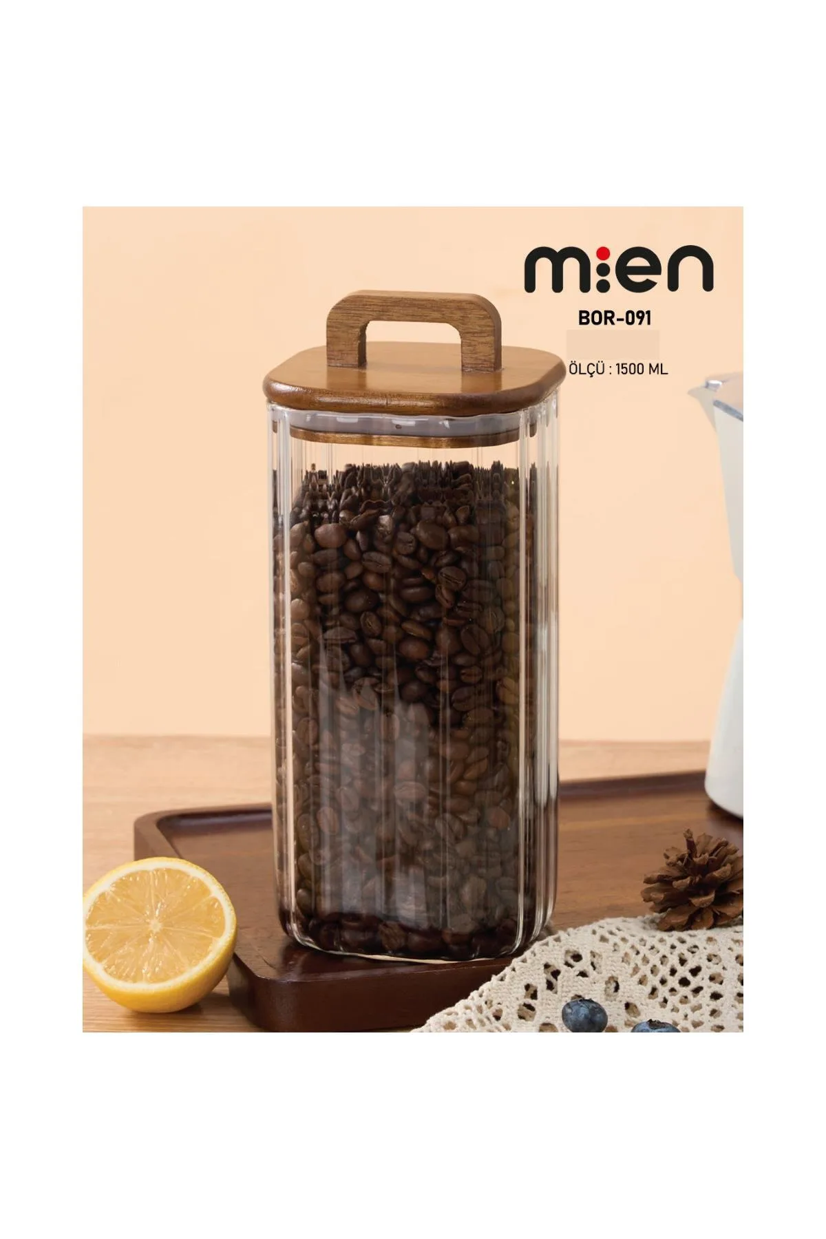 1850 ml Kare Line Borosilikat Cam Kavanoz – Akasya Kapaklı