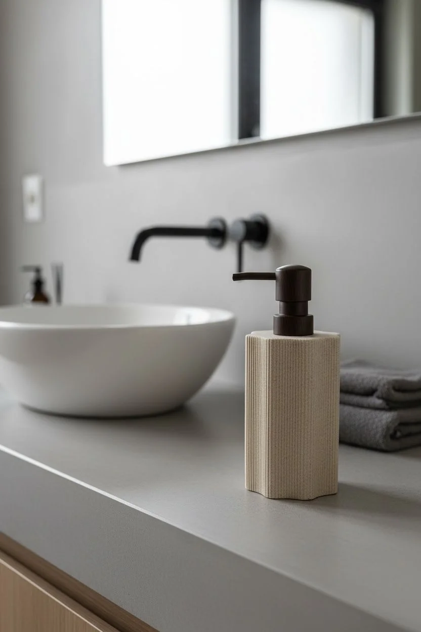 Mien 600 ml Polyresin Sıvı Sabunluk | Taş Desenli Ahşap Görünümlü Kapaklı Sabunluk