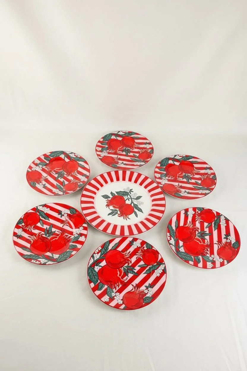 Narlı 7 Parça Porselen Pasta Tabağı Seti | Kek Tatlı Sunum Tabakları 27x20,5