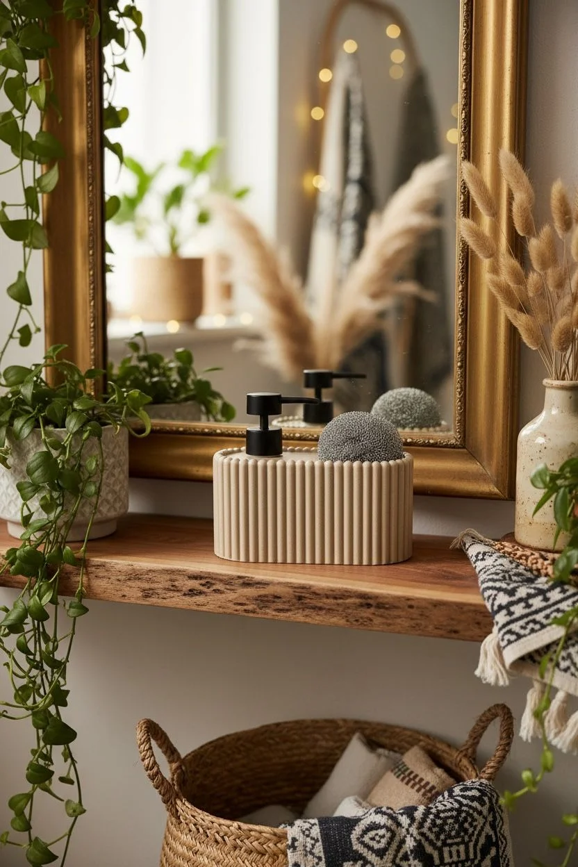 Mien Lara Polyresin Sabunluk | Krem Renk Tel Sünger Hazneli Sıvı Sabunluk 14x8x17