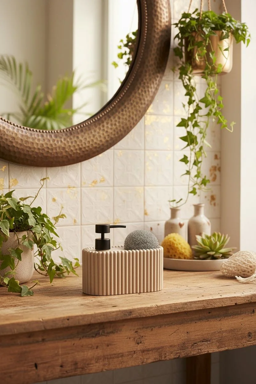 Mien Lara Polyresin Sabunluk | Krem Renk Tel Sünger Hazneli Sıvı Sabunluk 14x8x17