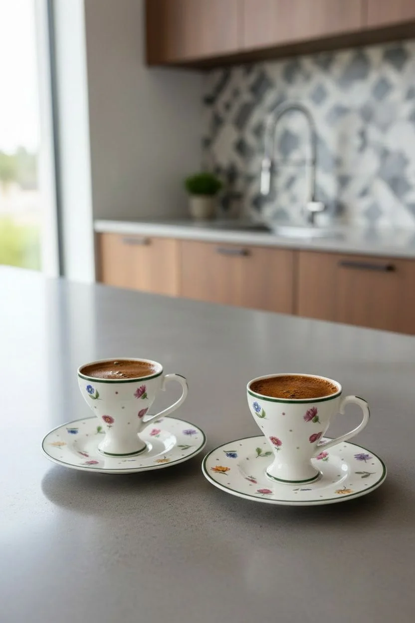 Mien Gözde Çiçekli 2'li Kahve Fincanı Takımı 90 ml | Dekoratif Desenli Kahve Fincan Seti