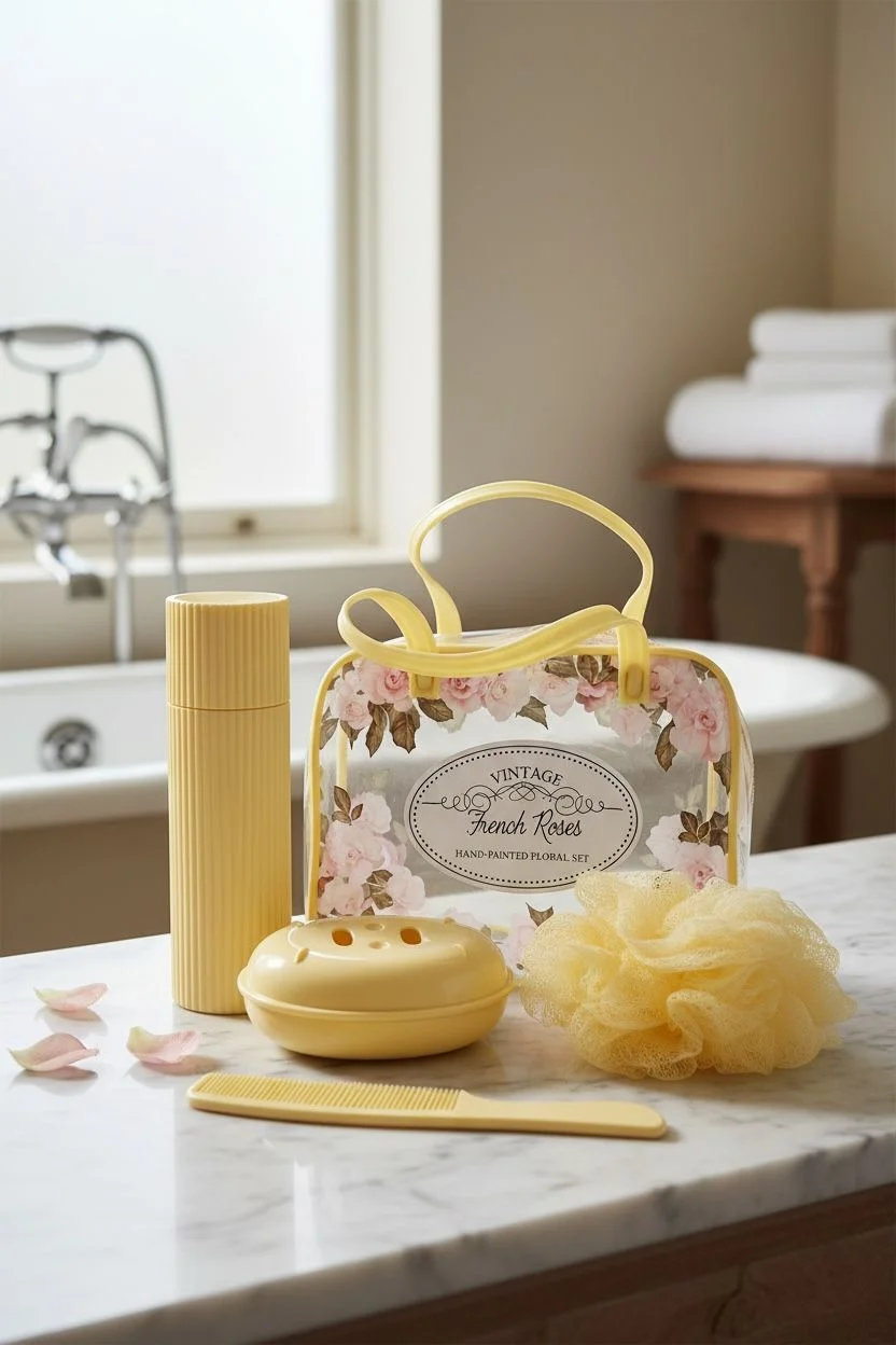 Vintage 5 Parça Taşınabilir Banyo Seti | Seyahat Diş Fırçalık Sabunluk Tarak Lif ve Çantalı Bakım Seti