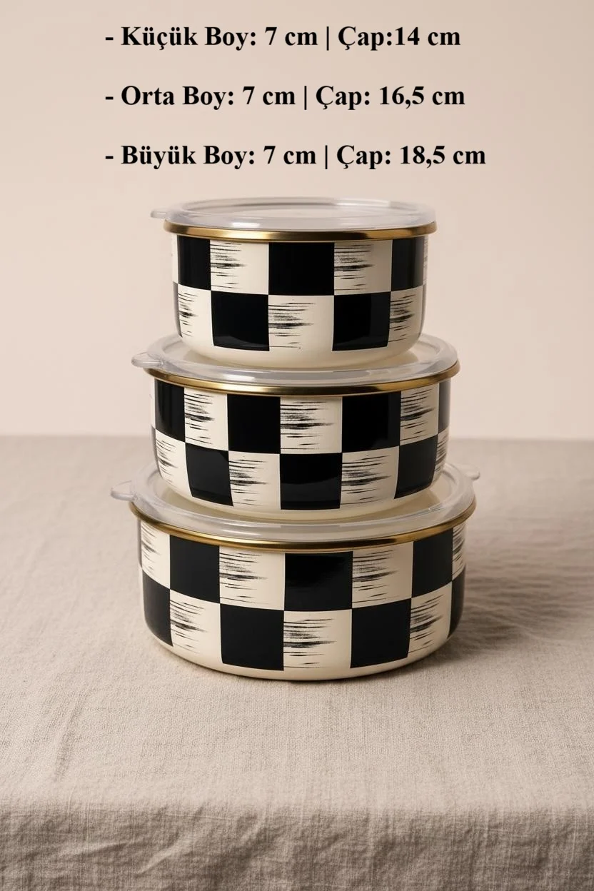 Kitchen Beyond Qualita King Dama Desenli Emaye 3'lü Saklama Kabı – Modern ve Dekoratif Mutfak Organizeri