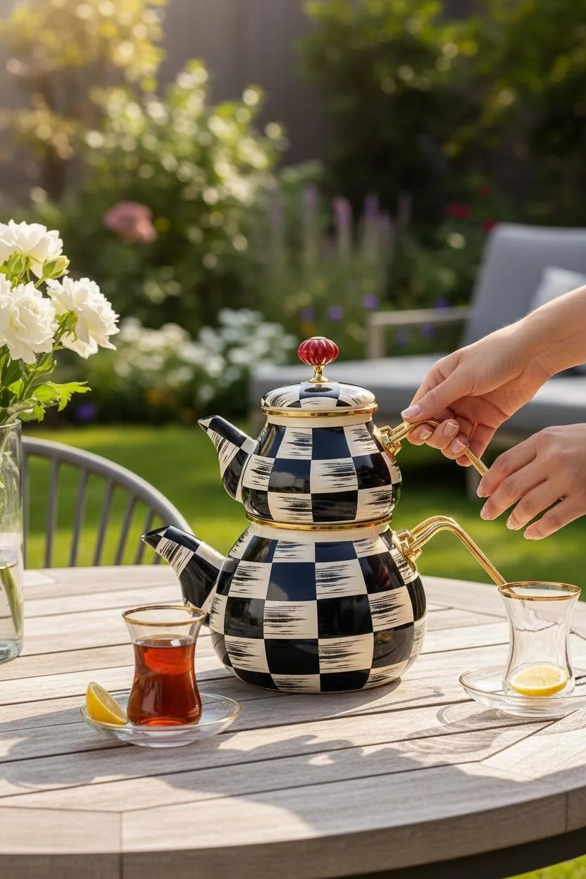 Acar Kitchen Beyond Emaye Qualita King Dama Desenli 27 cm Çaydanlık – Şık ve Dekoratif Çaydanlık