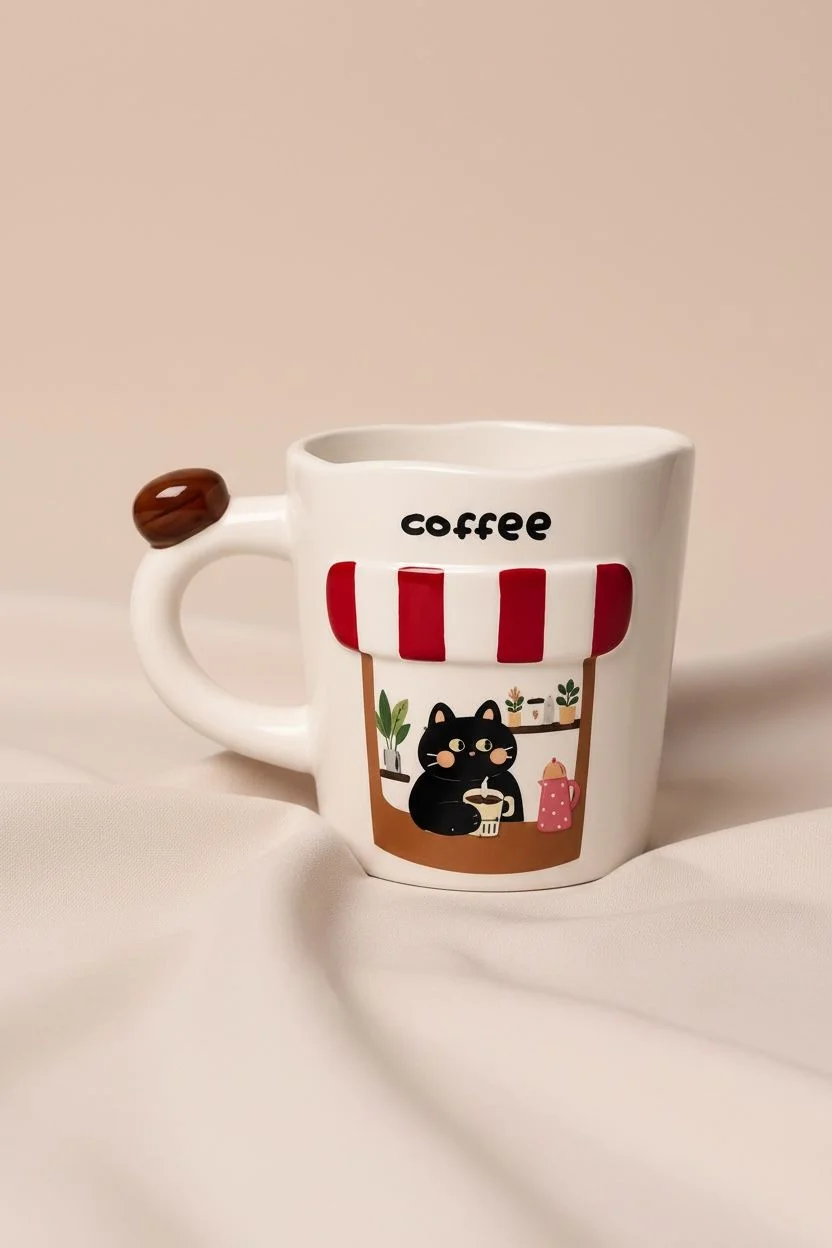 Acar Smokin Cat Kedi Desenli 500 ml Porselen Kupa – Büyük Boy Kahve ve Çay Kupası
